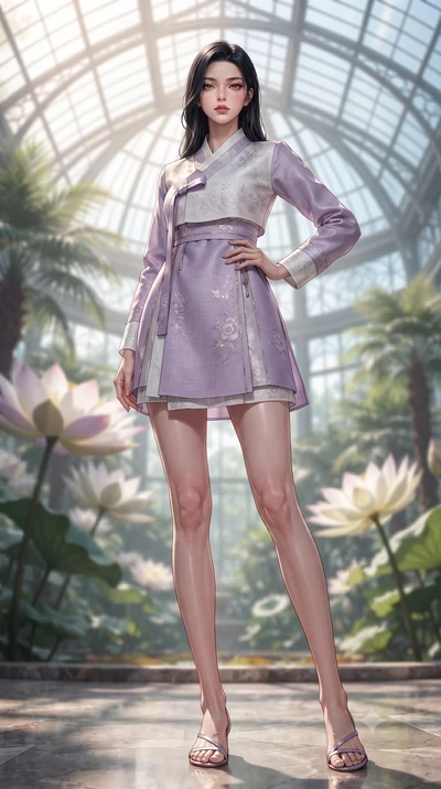 score_9, masterpiece, best quality, ultra-detailed, high-budget anime keyframe, editorial fashion photography, tasteful artistic composition, Korean woman woman. low angle full-body shot from head to toe showing her feet, filling the entire 9:16 vert