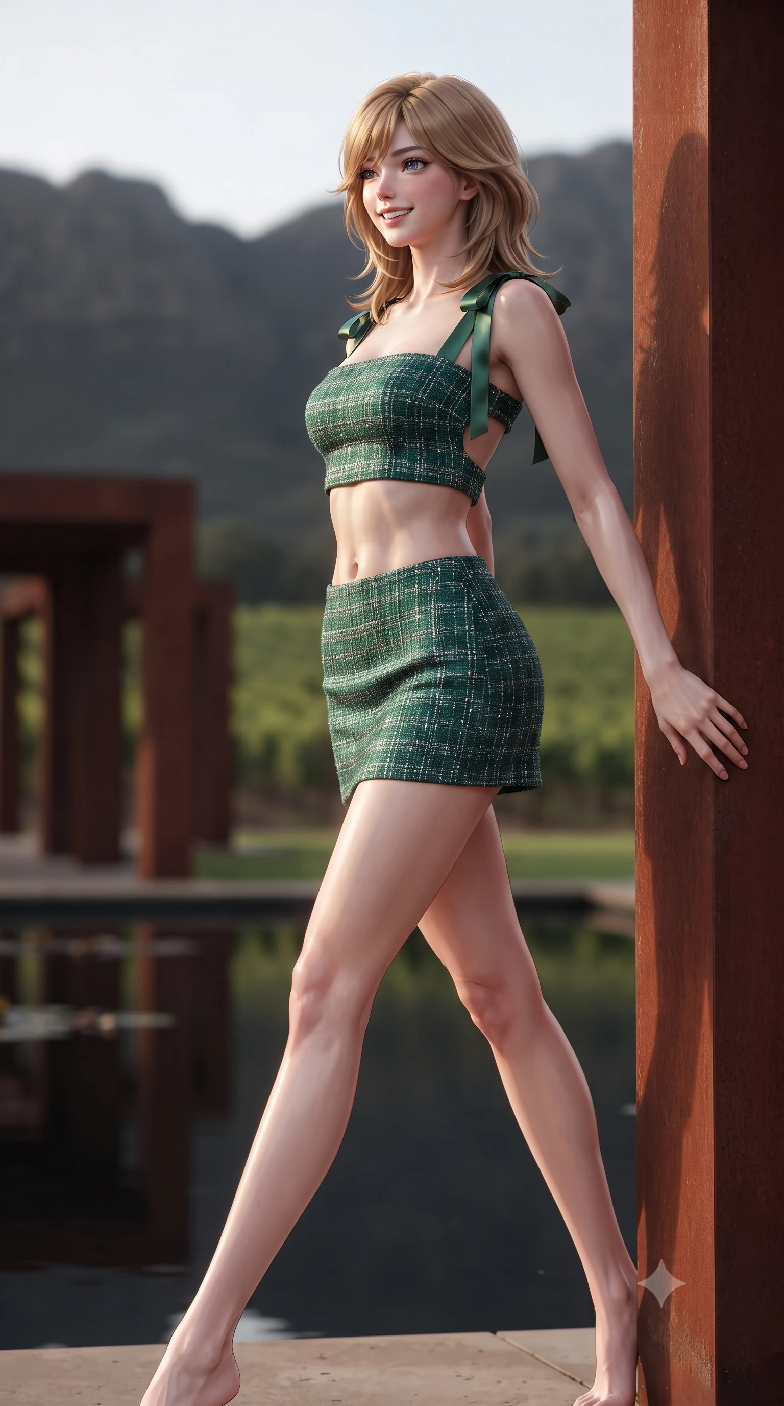 score_9, masterpiece, best quality, ultra-detailed, high-budget anime keyframe, editorial fashion photography, tasteful artistic composition, Korean woman. low angle full-body shot from head to toe showing her feet, filling the entire 9:16 vertical frame with her statuesque presence, stretching her vertical silhouette. stepping forward in a confident stride, her long slender legs and curvaceous hips creating a dynamic, sweeping vertical line while leaning against the rust-red Corten steel pavilion column with hips cocked back, looking over endless rows of vineyards with heavy-lidded bedroom-eyes. The background shows a soft-focus geometric Corten steel pavilions reflecting into dark lily pond waters, dark silhouettes of the Simonsberg mountains, blurred into copper, jade, and obsidian bokeh. She has an exceptionally tall and slender model-like 8.5-heads proportion, an ultra-slim waist, a flat toned midriff, narrow delicate ribcage, and beautifully sculpted feminine hips creating a graceful, slim hourglass silhouette without any bulky heaviness, with impossibly long slender legs. sharp v-shaped jawline, high-bridge nose, intricate jewel-like sparkling eyes with depth, thick eyelashes, glossy parted lips with a natural peach sheen, bright cheerful beaming smile with an enchanting and coquettish sensual glint, exuding both youthful cute charm and seductive allure, flawlessly proportioned anatomical accuracy, strict slender model proportions, natural body alignment, perfectly sculpted long slender limbs, ultra-slim waistline, clean dynamic posture without body distortion. wearing an ultra-cropped fitted bandeau top paired with a micro mini tennis skirt revealing her flat toned midriff in Art Nouveau malachite green and antique starlight silver, woven from structured British tweed with subtle metallic flecks, finished with satin ribbon ties at the shoulders fluttering in the gentle breeze, the precision-cut side openings and low-back scoop framing her graceful spine and the sensual sweep of her slim, toned hips. illuminated by still water specular reflection fill and sharp copper-platinum rim lights sculpting her jawline, narrow waist, and curvy hips. ultra-reflective glossy finish, specular highlights, rich textural contrasts, high-contrast stereoscopic depth, volumetric dynamic lighting, 2k, ultra detail, master piece, 9:16 ratio