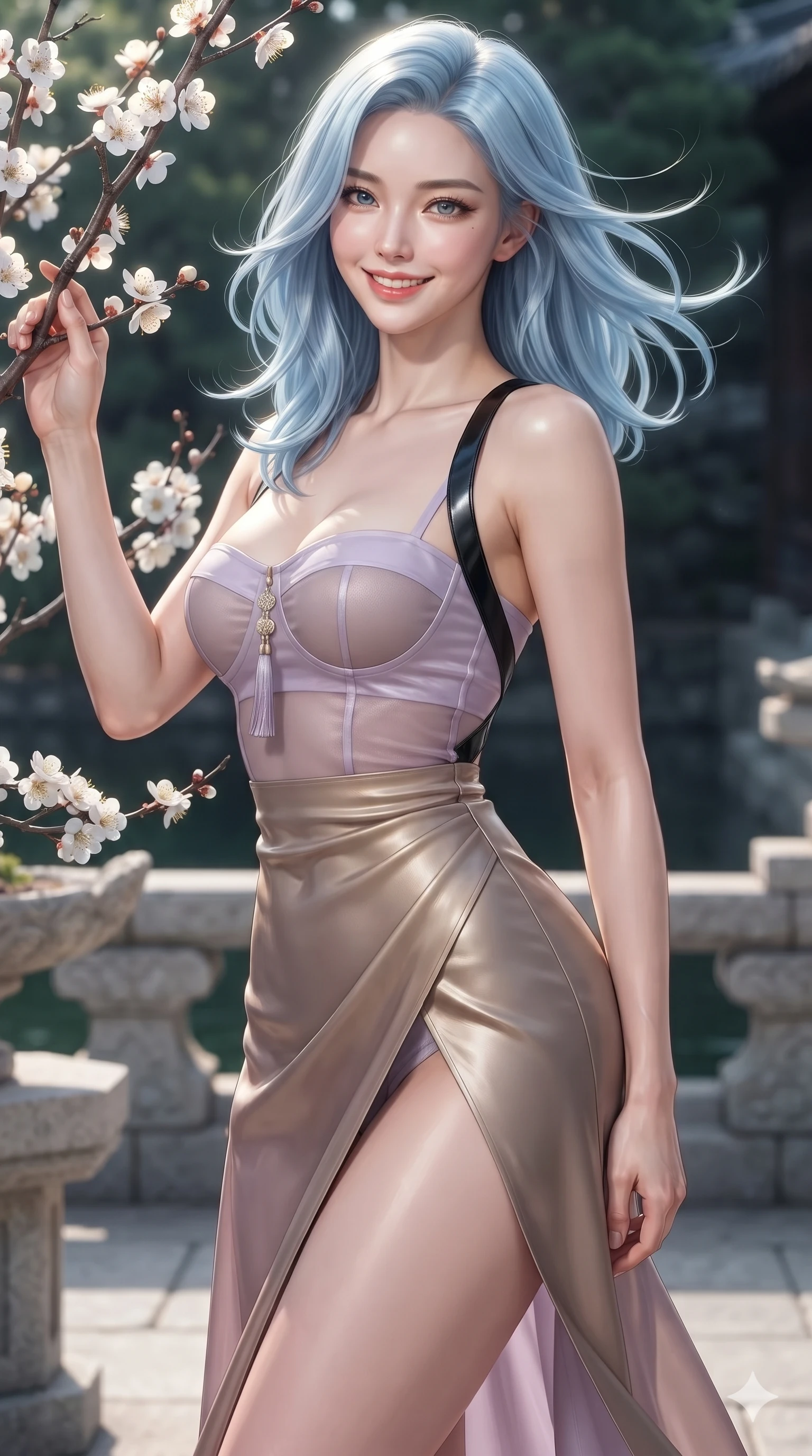 score_9, masterpiece, best quality, ultra-detailed, high-budget anime keyframe, editorial fashion photography, tasteful artistic composition, Korean woman. close-up cowboy shot from the waist and thighs up, the character dominates the composition, filling the frame with her large presence. smiling with quiet, magnetic self-assurance directly into the camera, her sculpted waistline catching specular moonbeam highlights while standing tall beside blooming white plum blossom branches, arching her spine with sovereign supermodel grace as sea breezes whip through her hair. The surrounding environment is rendered in vivid detail and crisp panoramic clarity: detailed modern boned hanbok bustier tailoring, norigae tassel, and classical stone terrace craft in razor-sharp clarity. She has an exceptionally elegant, slender, and willowy female figure with an ultra-slim waist, flat toned midriff, narrow ribcage, and sculpted feminine hips creating an alluring, slim hourglass silhouette without bulk. sharp v-shaped jawline, high-bridge nose, sparkling eyes with hypnotic seductive depth, thick curled eyelashes, glossy parted lips with a natural dewy peach sheen, alluring bedroom-eyes with an enchanting coquettish smile, exuding magnetic siren charisma and sophisticated glamour, flawlessly proportioned anatomical accuracy, strict slender model proportions, natural body alignment, perfectly sculpted long slender limbs, ultra-slim waistline, clean dynamic posture without body distortion. wearing a delicately layered semi-sheer gossamer nobang hanbok slip dress revealing her sculpted silhouette over an opaque micro-bandeau and briefs in vintage bronze patina and pale wisteria lilac, made of supple butter-soft lambskin leather with a subtle satin sheen, featuring an open-back criss-cross harness strap in patent black leather, the high-slit wrap tailoring accentuating her ultra-slim waistline and the enchanting curve of her feminine hips with alluring seductive charm. illuminated by ocean surf seafoam bounce and sharp platinum-azure rim lights defining her razor-sharp jawline, narrow waist, and curvy hips. ultra-reflective glossy finish, specular highlights, rich textural contrasts, high-contrast stereoscopic depth, volumetric dynamic lighting, 2k, ultra detail, master piece, 9:16 ratio