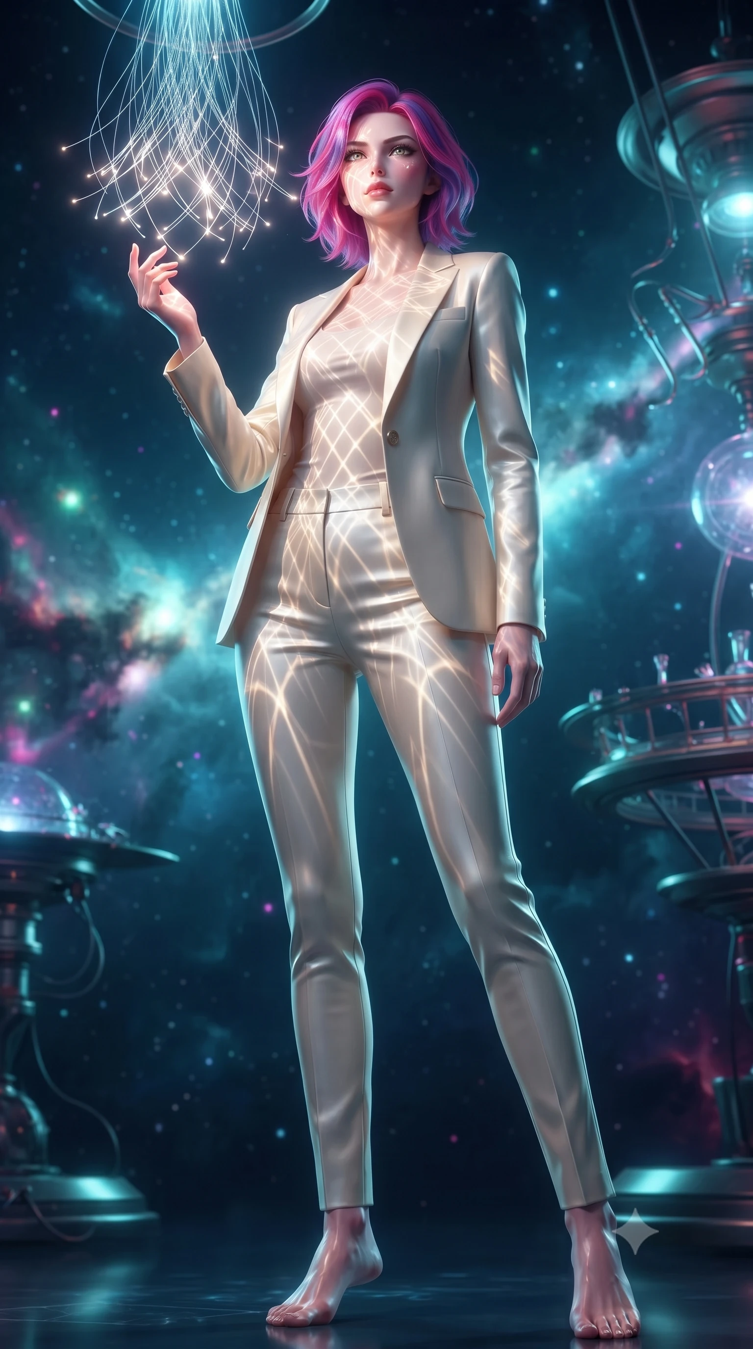 score_9, masterpiece, best quality, ultra-detailed, high-budget anime keyframe, editorial fashion photography, tasteful artistic composition, Caucasian woman. low angle full-body shot from head to toe showing her feet, filling the entire 9:16 vertical frame with her statuesque presence, stretching her vertical silhouette. interacting gracefully with the magical floating elements while maintaining a confident posture touching a cluster of luminescent filament threads casting brilliant lattice beams, intricate geometric lattice patterns of light projected onto her skin. She has an absolutely perfect, statuesque 8.5-heads proportion, an exceptionally tall and slender model-like female figure with impossibly long slender legs and an ultra-slim waist. sharp v-shaped jawline, high-bridge nose, intricate jewel-like eyes with depth, thick eyelashes, glossy lips with a natural sheen. wearing a tailored cream silk blazer over a form-contouring scoop-neck top and fitted trousers, the form-contouring material highlighting her ultra-slim waist and long lines. surrounded by a vibrant fluorescent aura with bright rim highlights. ultra-reflective glossy finish, specular highlights, metallic sheen, high-contrast stereoscopic depth, volumetric dynamic lighting, 2k, ultra detail, master piece, 9:16 ratio