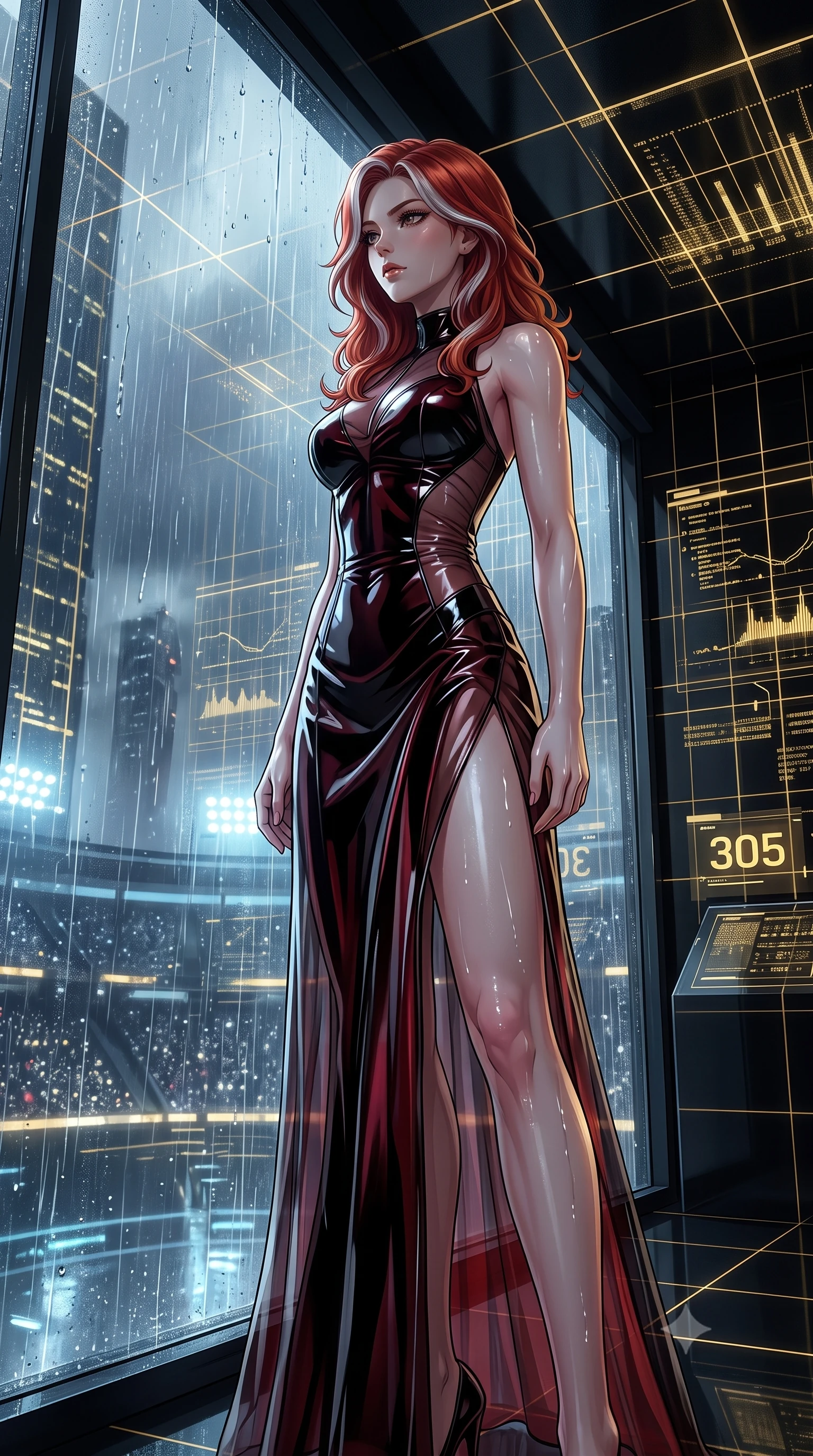 score_9, masterpiece, best quality, ultra-detailed, High-budget Anime Keyframe, Caucasian woman, strictly human ears. Low angle cowboy shot filling the entire 9:16 frame with her statuesque presence. Scenario 305: looking out at the rain through a wet glass window near a digital arena where gold gridlines project onto the black walls. Her presence is magnetic and overpowering in this high-budget anime scene. Outfit 305: a form-contouring patent leather long with a thigh-high slit and translucent layers. The clothing is designed to emphasize her exceptionally tall and slender 8-heads proportion. 8-heads proportion, towering silhouette, ultra-slim waist. sharp v-shaped jawline, intricate jewel-like eyes with depth, thick eyelashes, glossy lips. 2k, ultra detail, master piece, 9:16 ratio