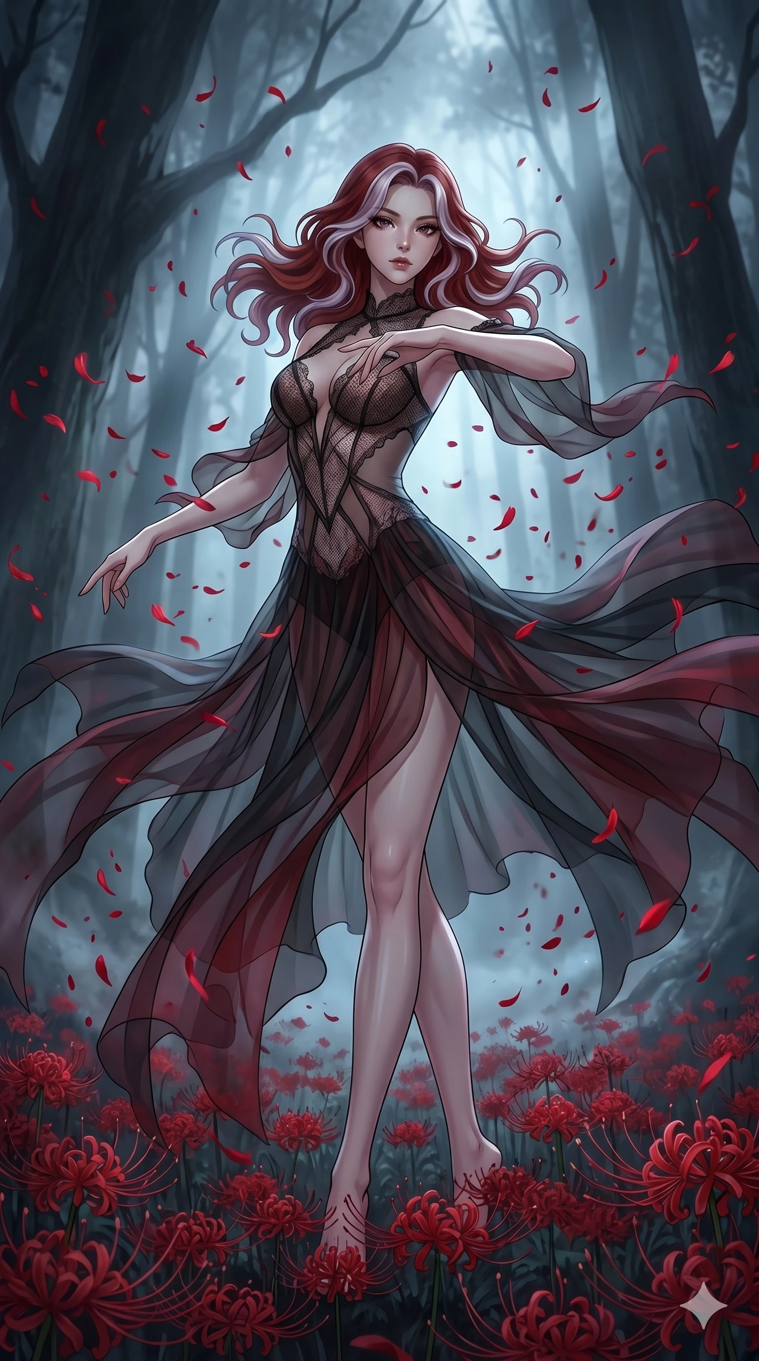 score_9, masterpiece, best quality, ultra-detailed, High-budget Anime Keyframe, East Asian woman. Low angle cowboy shot filling the entire 9:16 frame with her statuesque presence. Scenario 5: Dancing amidst falling red spider lilies in a misty dark forest. Her presence is magnetic and overpowering in this high-budget anime scene. Outfit 5: A micro-mesh lace bare with a sheer panels and translucent layers. The clothing is designed to emphasize her exceptionally tall and slender 8-heads proportion. 8-heads proportion, towering silhouette, ultra-slim waist. sharp v-shaped jawline, intricate jewel-like eyes with depth, thick eyelashes, glossy lips. 2k, ultra detail, master piece, 9:16 ratio