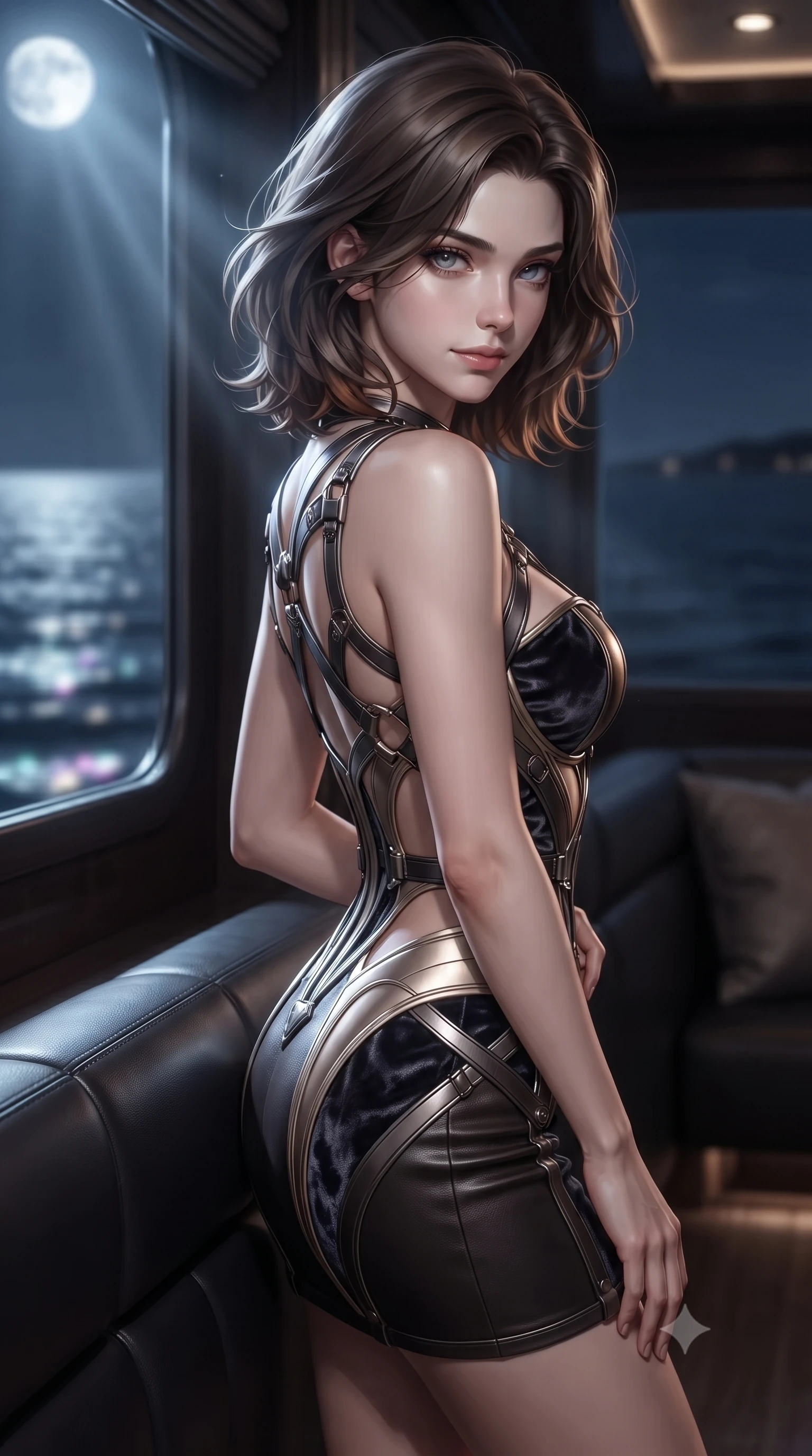score_9, masterpiece, best quality, ultra-detailed, high-budget anime keyframe, editorial fashion photography, tasteful artistic composition, Korean woman. close-up cowboy shot from the waist and thighs up, the character dominates the composition, filling the frame with her large presence, background elements kept in soft focus. Glancing sidelong over her shoulder with a smoldering, enigmatic half-smile, resting against a leather-wrapped bulkhead as moonlight streams into the cabin, dark blue nocturnal ocean forming an endless horizon in soft focus. She has an exceptionally elegant, slender, and willowy female figure with an ultra-slim waist, a gracefully sculpted slender torso, and a refined silhouette. sharp v-shaped jawline, high-bridge nose, intricate jewel-like eyes with depth, thick eyelashes, glossy lips with a natural sheen. wearing architectural cut-out dark leather mini dress with sculpted metallic boning in champagne gold, made of crushed dark silk velvet, highlighted by a gunmetal metallic harness structure, the fitted fabric emphasizing her ultra-slim waist. illuminated by cold silver moonlight rays and soft interior ocean reflections. ultra-reflective glossy finish, specular highlights, metallic sheen, high-contrast stereoscopic depth, volumetric dynamic lighting, 2k, ultra detail, master piece, 9:16 ratio