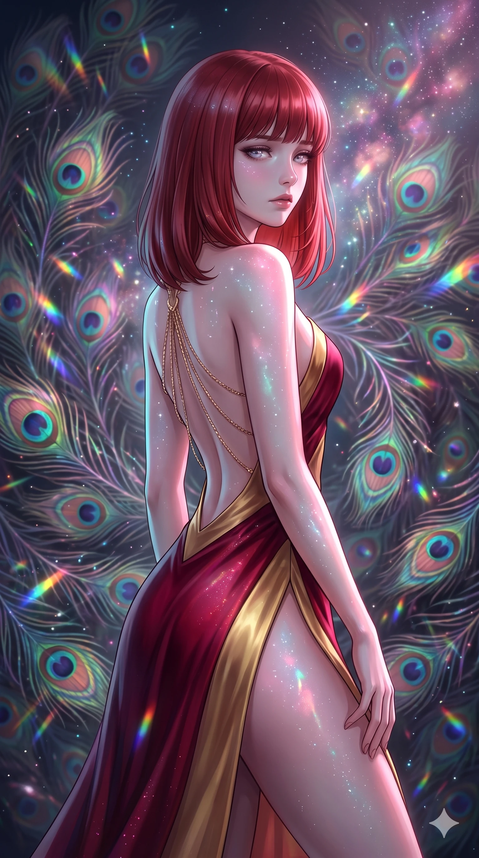 score_9, masterpiece, best quality, ultra-detailed, high-budget anime keyframe, editorial fashion photography, tasteful artistic composition, Caucasian woman, strictly human ears. close-up cowboy shot from the waist and thighs up, the character dominates the composition, filling the frame with her large presence, background elements kept in soft focus. Gazing into the distance with a wistful melancholic expression and softly glowing eyes. set against a soft-focus background of caught in a magnificent storm of thousands of iridescent peacock feathers that catch and scatter light into rainbow fractals as they swirl in complex spiraling patterns through the air. She has an exceptionally elegant and slender, willowy female figure with an ultra-slim waist, a gracefully sculpted slender torso, and a refined slim physique. sharp v-shaped jawline, high-bridge nose, intricate jewel-like eyes with depth, thick eyelashes, glossy lips with a natural sheen. wearing a high-slit evening gown in deep crimson and gold silk, featuring an asymmetric one-shoulder design and a bare back with gold chains. starlight and nebula glow casting soft cosmic pink and cyan highlights on her form. 2k, ultra detail, master piece, 9:16 ratio