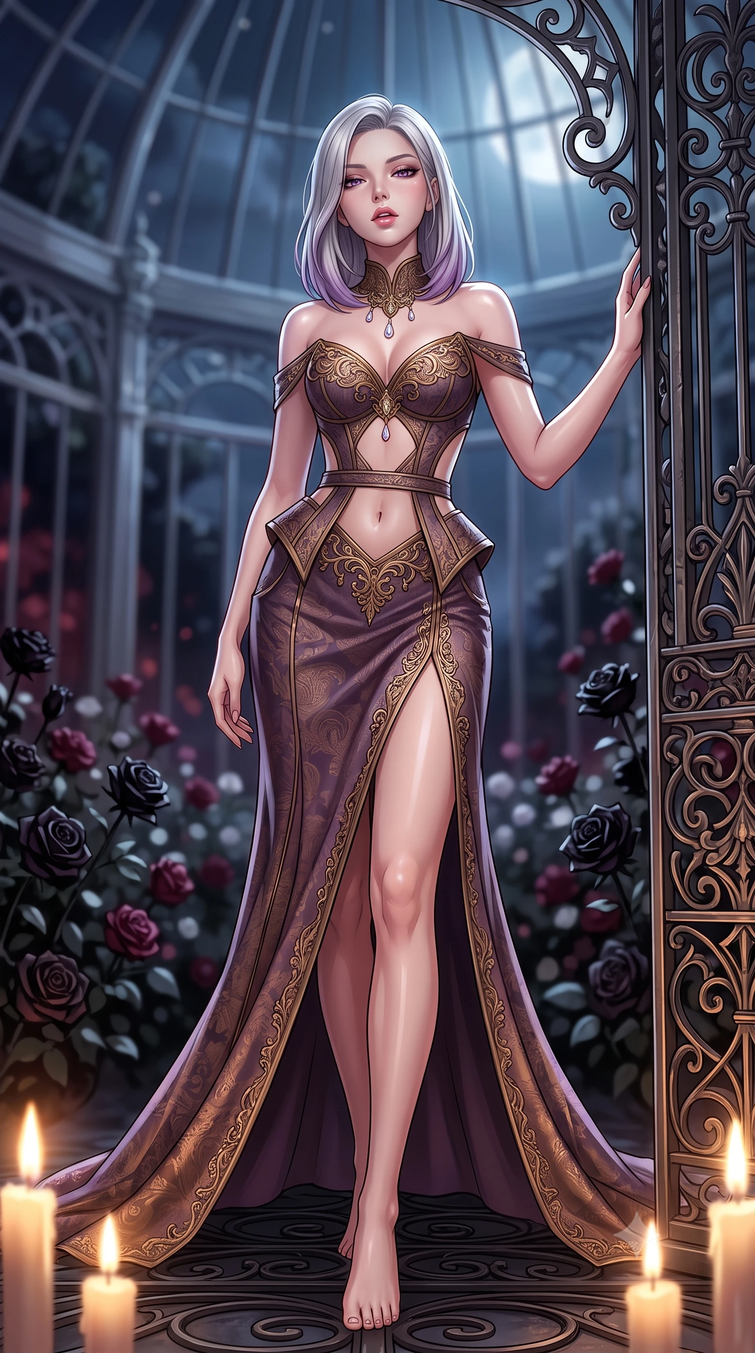 score_9, masterpiece, best quality, ultra-detailed, high-budget anime keyframe, semi-realistic 3D game render, editorial fashion photography, tasteful artistic composition, Caucasian woman. low angle full-body shot from head to toe showing her feet, filling the entire 9:16 vertical frame with her statuesque presence, stretching her vertical silhouette. striding forward in a proud, dynamic supermodel runway stride, hips swaying in an alluring kinetic rhythm that stretches her silhouette while leaning back against an ornate wrought-iron conservatory pillar, head tilted in ecstasy with parted glossy lips. The composition keeps background elements in soft focus with creamy bokeh. moonlit orangerie glass framework and blooming black rose petals blurred into deep obsidian, wine-ruby, and lunar-silver bokeh. She has an absolutely perfect, statuesque 8.5-heads proportion, an exceptionally tall and slender model-like female figure with impossibly long slender legs, a toned flat midriff, and an ultra-slim waist. sharp v-shaped jawline, high-bridge nose, intricate jewel-like eyes with depth, thick eyelashes, glossy parted lips with a natural sheen, intensely captivating and seductive expression, flawlessly proportioned anatomical accuracy, strict slender model proportions, natural body alignment, perfectly sculpted long slender limbs, ultra-slim waistline, clean dynamic posture without body distortion. wearing a baroque gold-embroidered bustier gown with exposed clavicle and structured hip boning in dusky plum violet and antique bronze, made of rich textured jacquard silk with baroque gold thread, accented with delicate crystal teardrop pendants at the neckline, the precision-cut daring openings accentuating her delicate midriff, graceful bare collarbones, and ultra-slim feminine waistline. bathed in cold lunar moonlight from above and warm flickering candle uplights from below. highly saturated vibrant anime colors, detailed shading with soft gradients, rich glossy textures, high-contrast stereoscopic depth, volumetric dynamic lighting, master piece, 9:16 ratio