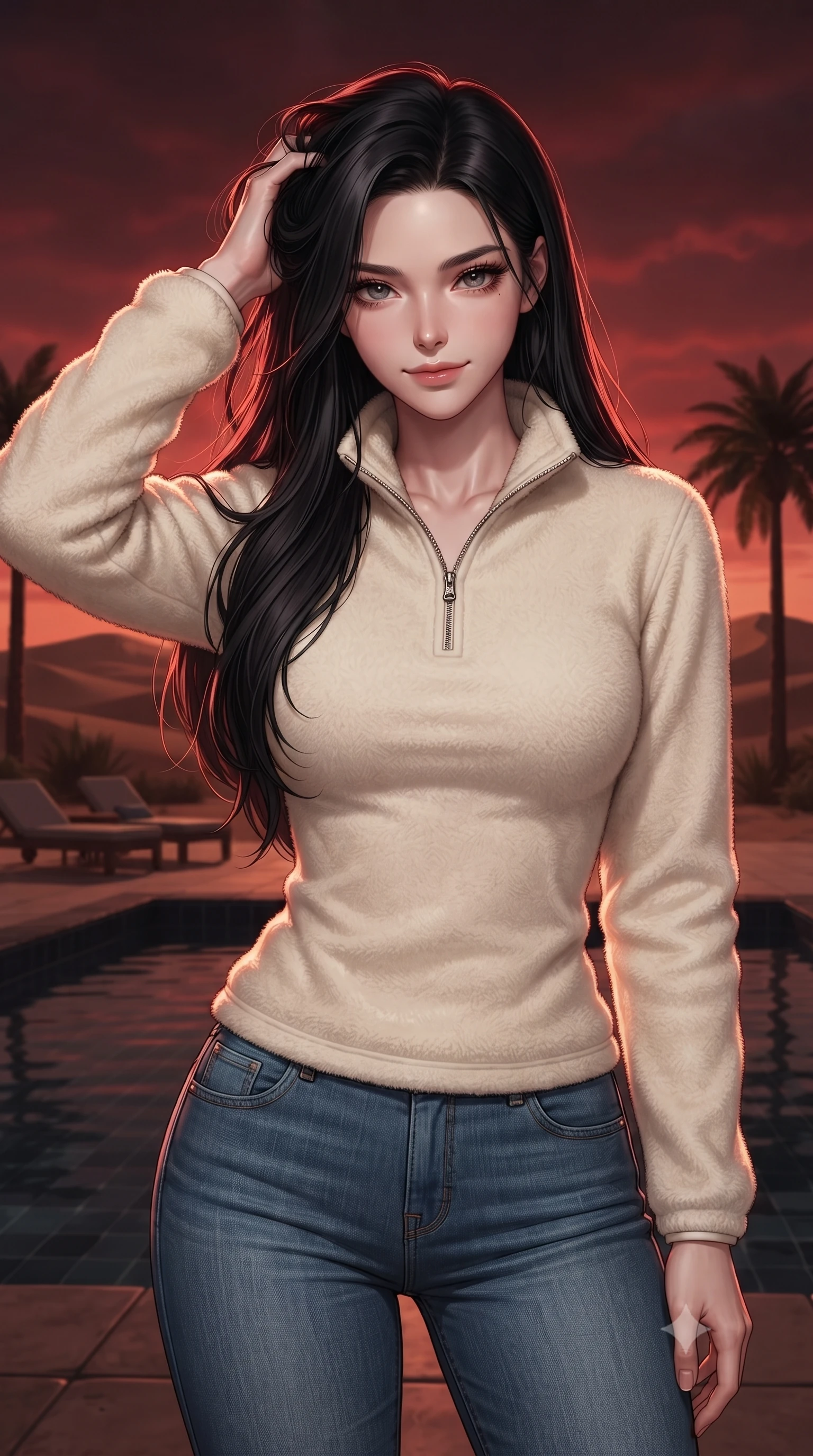 score_9, masterpiece, best quality, ultra-detailed, high-budget anime keyframe, editorial fashion photography, tasteful artistic composition, Korean woman woman. close-up cowboy shot from the waist and thighs up, the character dominates the composition, filling the frame with her large presence, background elements kept in soft focus. smiling with quiet, magnetic self-assurance directly into the camera, running a hand through her hair the background shows a soft-focus a pool deck of a resort in a desert oasis, surrounded by palm trees and sand dunes. She has an exceptionally elegant, slender, and willowy female figure with an ultra-slim waist, a gracefully sculpted slender torso, and a refined silhouette. sharp v-shaped jawline, high-bridge nose, intricate jewel-like eyes with depth, thick eyelashes, glossy lips with a natural sheen. wearing a slim-fit comfortable cream fleece sweater over blue denim jeans. the warm red and orange sunset sky casting a dramatic glow over the sands. ultra-reflective glossy finish, specular highlights, metallic sheen, high-contrast stereoscopic depth, volumetric dynamic lighting, 2k, ultra detail, master piece, 9:16 ratio