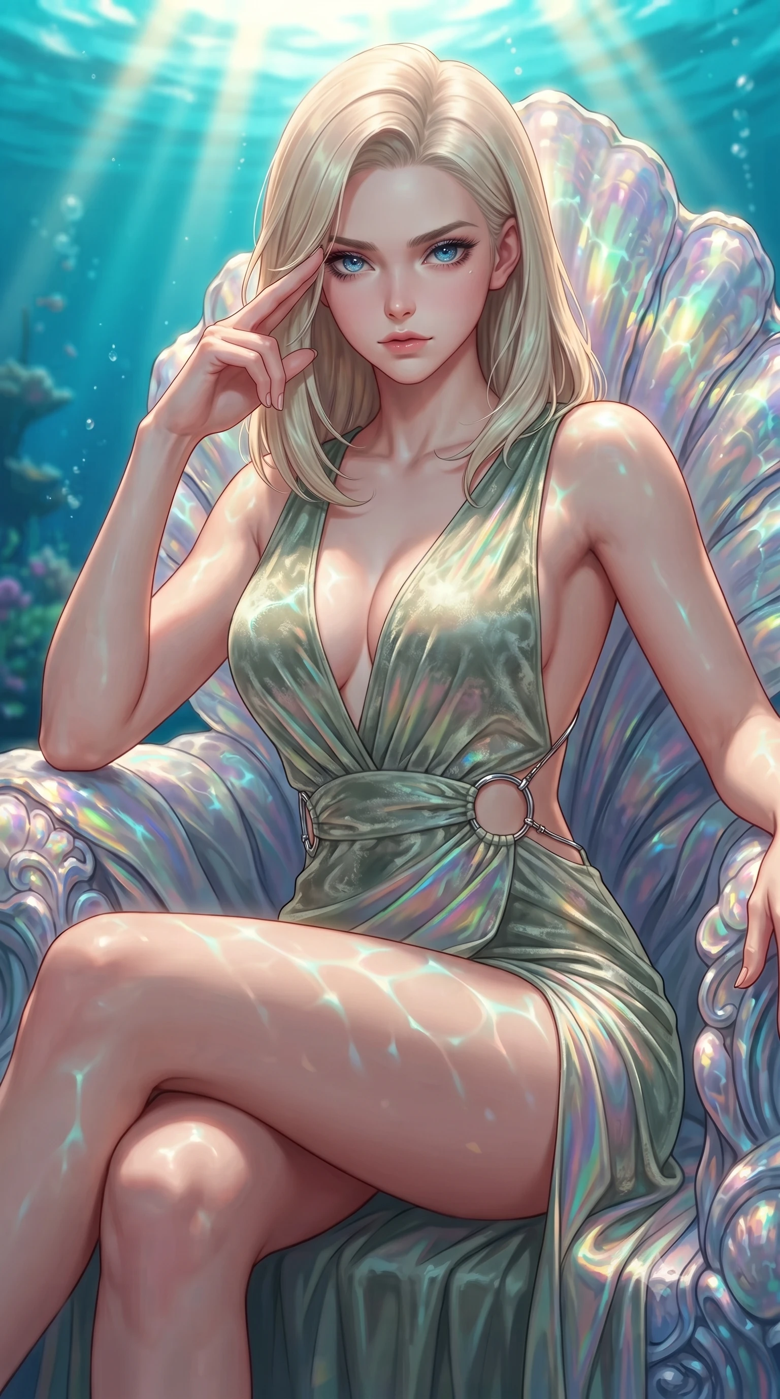 score_9, masterpiece, best quality, ultra-detailed, high-budget anime keyframe, editorial fashion photography, tasteful artistic composition, Caucasian woman. close-up cowboy shot from the waist and thighs up, the character dominates the composition, filling the frame with her large presence, background elements kept in soft focus. Pressing two fingers to her temple in a composed thoughtful gesture with an air of magnetic charisma poised on an abyssal prism shell throne bathed in sunlit ocean rays, golden sunbeams penetrating deep turquoise water creating caustic light patterns. She has an exceptionally elegant, slender, and willowy female figure with an ultra-slim waist, a gracefully sculpted slender torso, and a refined silhouette. sharp v-shaped jawline, high-bridge nose, intricate jewel-like eyes with depth, thick eyelashes, glossy lips with a natural sheen. wearing a backless crushed velvet gown with a deep V-neckline and high thigh slit in sage green and oatmeal, crafted from iridescent chiffon that shifts colors in the light, accented with delicate chrome ring hardware framing her waist, the tailored fabric tightly following every curve of her athletic build. bathed in brilliant underwater sunbeams and soft turquoise caustic glow. highly saturated vibrant anime colors, detailed shading with soft gradients, rich glossy textures, high-contrast stereoscopic depth, volumetric dynamic lighting, master piece, 9:16 ratio