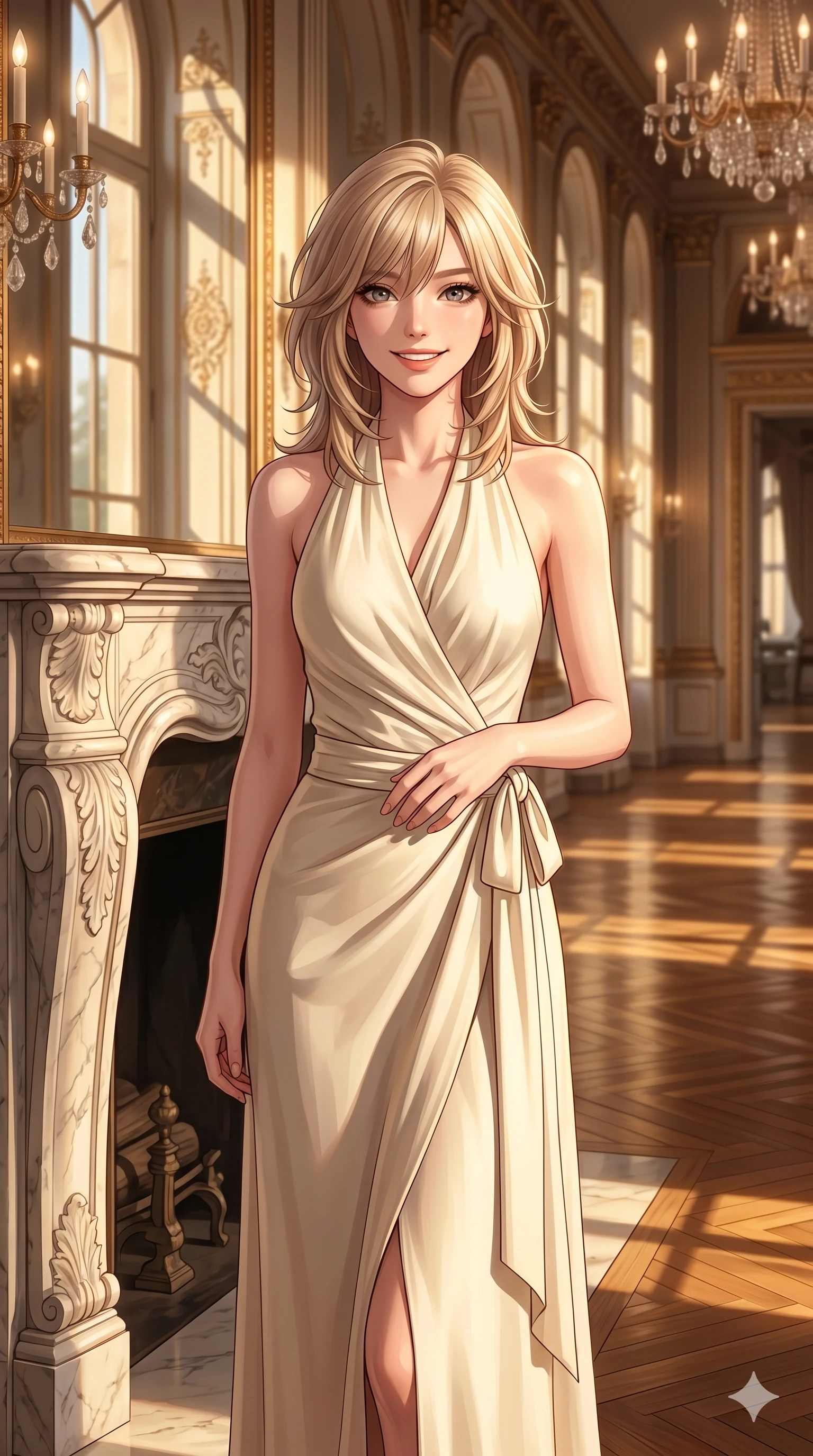 score_9, masterpiece, best quality, ultra-detailed, high-budget anime keyframe, editorial fashion photography, tasteful artistic composition, Japanese woman. cowboy shot from the thighs up, character and outfit filling the frame for maximum editorial presence. smiling warmly with a serene and joyful expression, looking directly at the camera standing by a grand marble fireplace in a sun-drenched ballroom. She has an absolutely perfect 8-heads proportion, an exceptionally tall and slender female figure with impossibly long slender legs and an ultra-slim waist. V-shaped jawline, high-bridge nose, intricate jewel-like eyes with depth, thick eyelashes, glossy lips with a natural sheen. wearing a cream-colored wrap dress with a graceful halter neck and bare shoulders. drenched in warm golden hour light pouring through the tall ballroom windows. 2k, ultra detail, master piece, 9:16 ratio