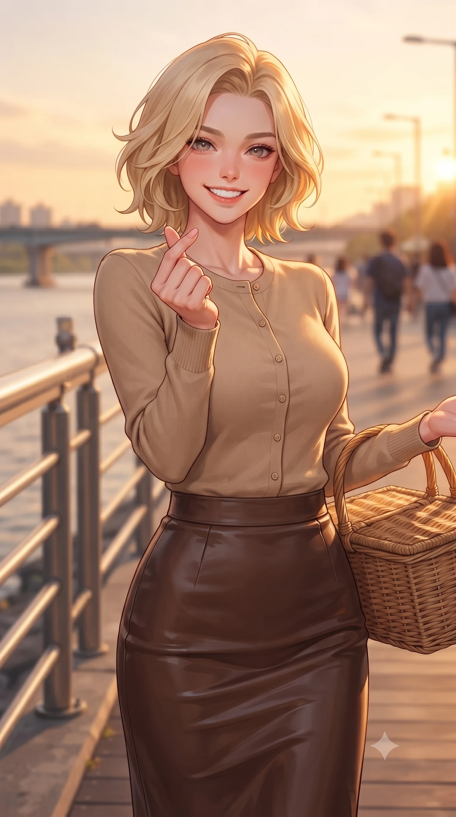 score_9, masterpiece, best quality, ultra-detailed, high-budget anime keyframe, editorial fashion photography, tasteful artistic composition, Caucasian woman. close-up cowboy shot from the waist and thighs up, the character dominates the composition, filling the frame with her large presence, background elements kept in soft focus. flashing a bright, sunny grin, holding her fingers in a cute small heart shape set against a soft-focus background of walking along a modern riverside boardwalk with metal railings holding a woven picnic basket with a bright, cheerful expression. She has an exceptionally elegant, slender, and willowy female figure with an ultra-slim waist, a gracefully sculpted slender torso, and a refined silhouette. sharp v-shaped jawline, high-bridge nose, intricate jewel-like eyes with depth, thick eyelashes, glossy lips with a natural sheen. wearing tailored tight-fitting cashmere cardigan closed, paired with a sleek leather midi skirt. volumetric sunset rays casting long warm highlights on her active form. highly saturated vibrant anime colors, detailed shading with soft gradients, rich glossy textures, high-contrast stereoscopic depth, volumetric dynamic lighting, master piece, 9:16 ratio