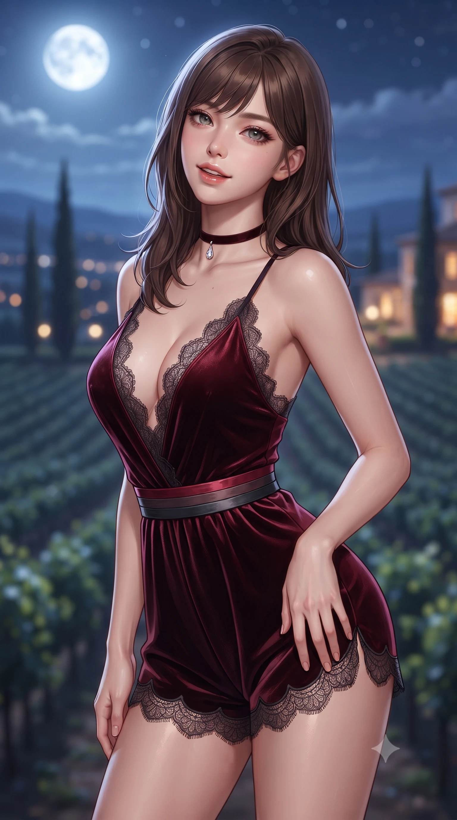 score_9, masterpiece, best quality, ultra-detailed, high-budget anime keyframe, editorial fashion photography, tasteful artistic composition, Korean woman. close-up cowboy shot from the waist and thighs up, the character dominates the composition, filling the frame with her large presence. tilting her head with a teasing half-smile, running one hand slowly down the side of her hip in a flirtatious S-curve as ambient light caresses her silhouette while twisting her slender torso in an alluring S-curve, silver moonlight and warm interior chandelier light sculpting her silhouette and waist. The background shows a soft-focus endless rolling vineyards under a brilliant silver full moon, silhouettes of slender cypress trees, and twinkling village lights blurred into indigo, silver, and amber bokeh. She has an exceptionally elegant, slender, and willowy female figure with an ultra-slim waist, flat toned midriff, narrow ribcage, and sculpted feminine hips creating an alluring, slim hourglass silhouette without bulk. sharp v-shaped jawline, high-bridge nose, sparkling eyes with hypnotic seductive depth, thick curled eyelashes, glossy parted lips with a natural dewy peach sheen, alluring bedroom-eyes with an enchanting coquettish smile, exuding magnetic siren charisma and sophisticated glamour, flawlessly proportioned anatomical accuracy, strict slender model proportions, natural body alignment, perfectly sculpted long slender limbs, ultra-slim waistline, clean dynamic posture without body distortion. wearing a plunge-neck stretch velvet romper with scalloped eyelash-lace hems and a cinched waist ribbon in rich cherry lacquer and smoky charcoal, woven from buttery-soft stretch lambskin leather adhering to her body like a second skin, finished with a thin velvet ribbon choker and a single teardrop diamond pendant, the form-contouring silhouette accentuating her sculpted flat midriff, narrow delicate ribcage, and gracefully curvy hips with intoxicating allure. bathed in cool silver full moonlight streaming from the open sky mixed with warm 2800K light spilling from the chateau grand ballroom. ultra-reflective glossy finish, specular highlights, rich textural contrasts, high-contrast stereoscopic depth, volumetric dynamic lighting, 2k, ultra detail, master piece, 9:16 ratio