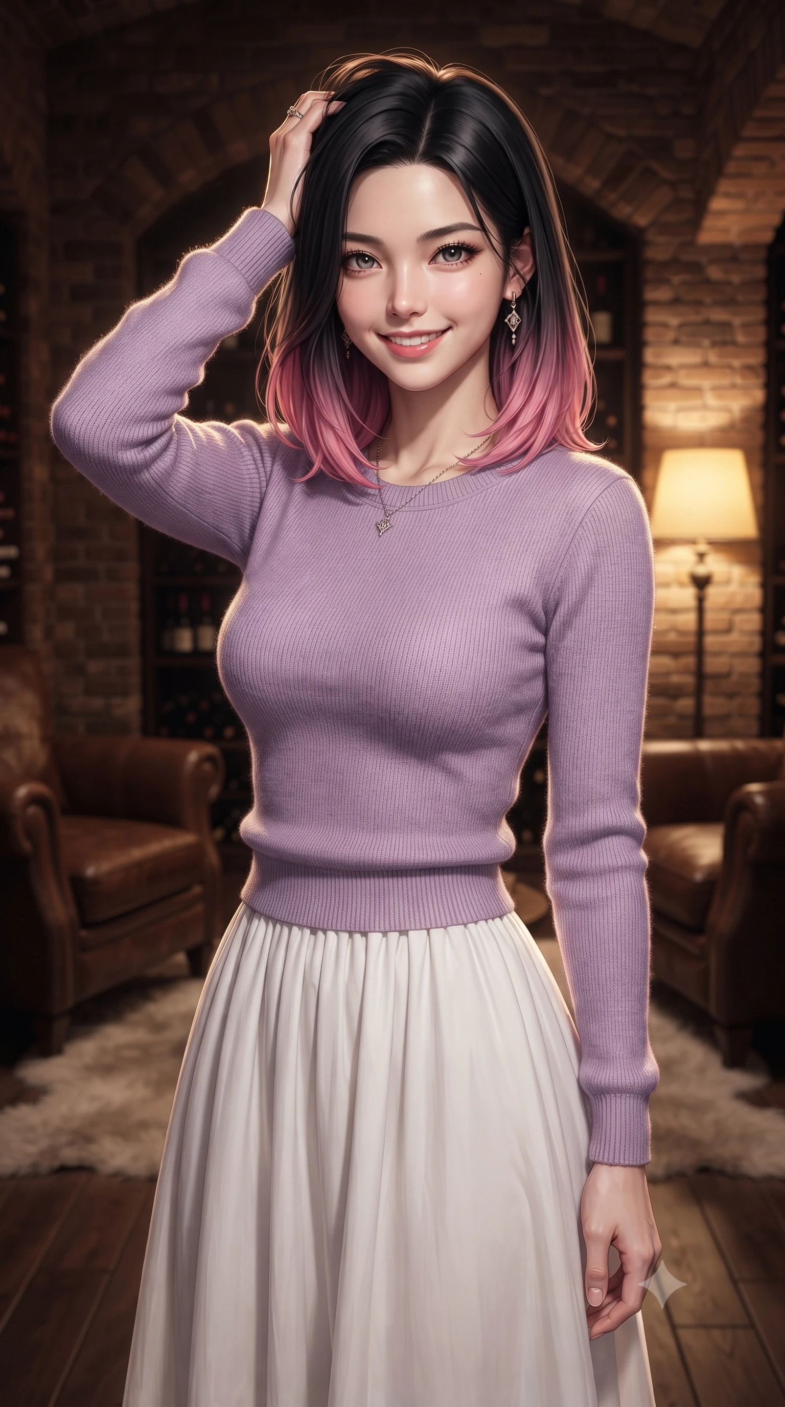 score_9, masterpiece, best quality, ultra-detailed, high-budget anime keyframe, editorial fashion photography, tasteful artistic composition, Korean woman woman. close-up cowboy shot from the waist and thighs up, the character dominates the composition, filling the frame with her large presence, background elements kept in soft focus. smiling with quiet, magnetic self-assurance directly into the camera, running a hand through her hair the background shows a soft-focus a dimly lit brick-walled wine cellar with leather armchairs and soft rugs. She has an exceptionally elegant, slender, and willowy female figure with an ultra-slim waist, a gracefully sculpted slender torso, and a refined silhouette. sharp v-shaped jawline, high-bridge nose, intricate jewel-like eyes with depth, thick eyelashes, glossy lips with a natural sheen. wearing a body-hugging comfortable lavender knit sweater paired with a flowy white cotton maxi skirt. warm yellow lamplight casting cozy, soft shadows on the brick arches. ultra-reflective glossy finish, specular highlights, metallic sheen, high-contrast stereoscopic depth, volumetric dynamic lighting, 2k, ultra detail, master piece, 9:16 ratio