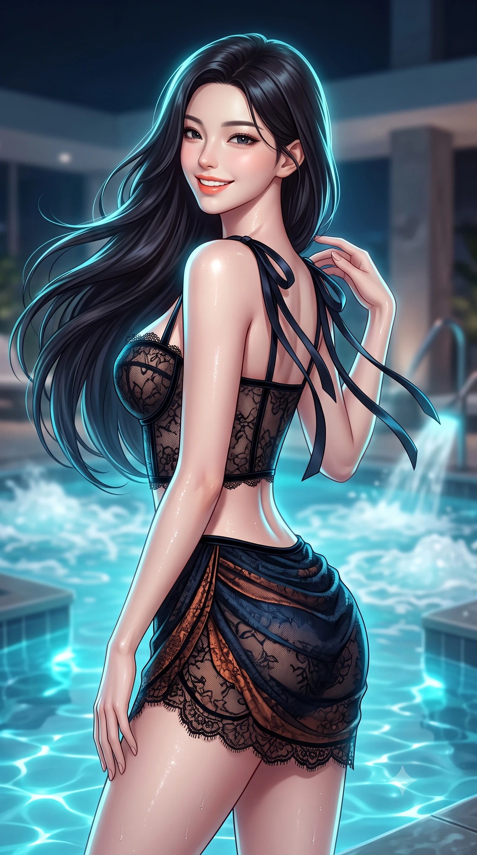 score_9, masterpiece, best quality, ultra-detailed, high-budget anime keyframe, semi-realistic 3D game render, editorial fashion photography, tasteful artistic composition, Korean woman. close-up cowboy shot from the waist and thighs up, the character dominates the composition, filling the frame with her large presence. posing in an alluring rear three-quarter angle, looking over a bare shoulder with parted glossy lips, her hips cocked back to highlight her slim hourglass curve while twisting her slender torso in an alluring contrapposto stance beside the thermal hydro-pool, glowing cyan water caustics wrapping around her curves. The background shows a soft-focus bubbling hydrotherapy jets softened in high-tech urban spa shallow focus. She has an exceptionally elegant, slender, and willowy female figure with an ultra-slim waist, flat toned midriff, narrow ribcage, and sculpted feminine hips creating an alluring, slim hourglass silhouette without bulk. sharp v-shaped jawline, high-bridge nose, intricate jewel-like sparkling eyes with depth, thick eyelashes, glossy parted lips with a natural peach sheen, bright cheerful beaming smile with an enchanting and coquettish sensual glint, exuding both youthful cute charm and seductive allure, flawlessly proportioned anatomical accuracy, strict slender model proportions, natural body alignment, perfectly sculpted long slender limbs, ultra-slim waistline, clean dynamic posture without body distortion. wearing a sculpted underwire bustier in sheer noir lace with velvet piping paired with an ultra-short draped tulip skirt in Lofoten midnight obsidian and warm hearth copper, made of delicate semi-sheer French Chantilly lace with intricate eyelash edges, finished with satin ribbon ties at the shoulders fluttering in the gentle breeze, the form-contouring silhouette accentuating her sculpted flat midriff, narrow delicate ribcage, and gracefully curvy hips with intoxicating allure. illuminated by water surface reflection bounce and sharp platinum-cyan rim lights defining her dewy collarbones, ultra-slim waist, and curvy hips. highly saturated vibrant anime colors, detailed shading with soft gradients, rich glossy textures, high-contrast stereoscopic depth, volumetric dynamic lighting, master piece, 9:16 ratio