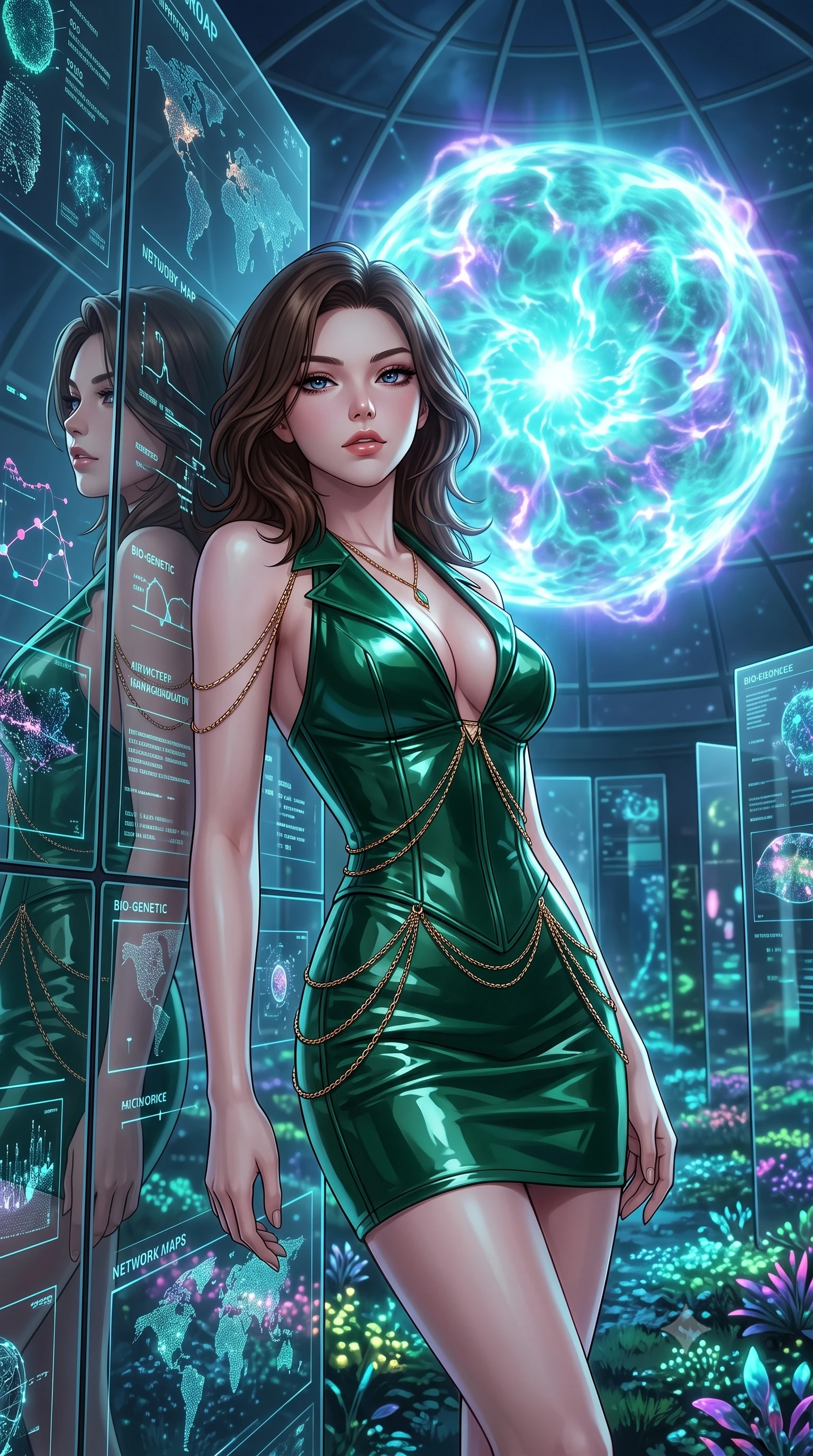 score_9, masterpiece, best quality, ultra-detailed, High-budget Anime Keyframe, East Asian woman. Low angle cowboy shot filling the entire 9:16 frame with her statuesque presence. Scenario 448: leaning back against a wall of virtual mirrors in a secret bio-dome containing a giant glowing fusion reactor. Her presence is magnetic and overpowering in this high-budget anime scene. Outfit 448: a slim-fit emerald green patent leather corset dress featuring an elegant plunging collar and fine gold chains. The clothing is designed to emphasize her exceptionally tall and slender 8-heads proportion. 8-heads proportion, towering silhouette, ultra-slim waist. sharp v-shaped jawline, intricate jewel-like eyes with depth, thick eyelashes, glossy lips. 2k, ultra detail, master piece, 9:16 ratio