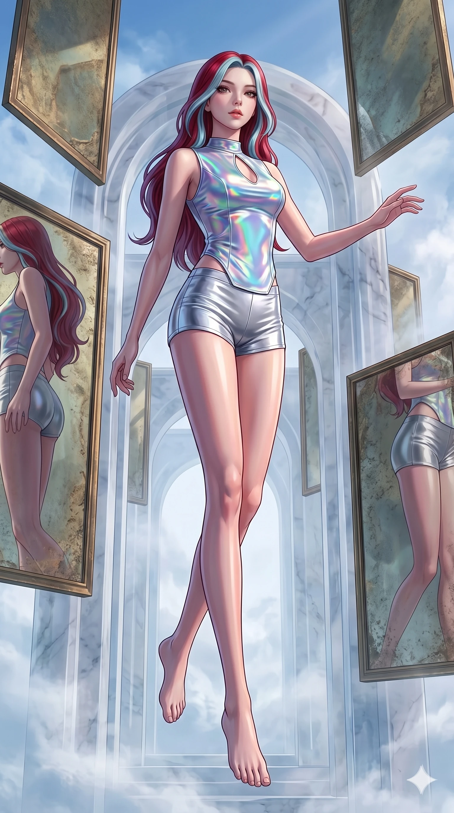 score_9, masterpiece, best quality, ultra-detailed, high-budget anime keyframe, Caucasian woman, strictly human ears. low angle full-body shot filling the entire 9:16 frame with her statuesque presence, stretching the vertical silhouette. wandering through a mirage cloud cathedral of translucent marble and water mist, surrounded by floating ancient bronze mirror walls. She has an absolutely perfect 8-heads proportion, an exceptionally tall and slender female figure with impossibly long slender legs and an ultra-slim waist. V-shaped jawline, high-bridge nose, intricate jewel-like eyes with depth, thick eyelashes, glossy lips with a natural sheen.. wearing a holographic liquid silk vest and silver metallic micro-shorts, featuring a keyhole cutout and form-fitting silhouette. accented by dynamic color-blocked lighting with high-contrast shadows emphasizing her statuesque height. 2k, ultra detail, master piece, 9:16 ratio
