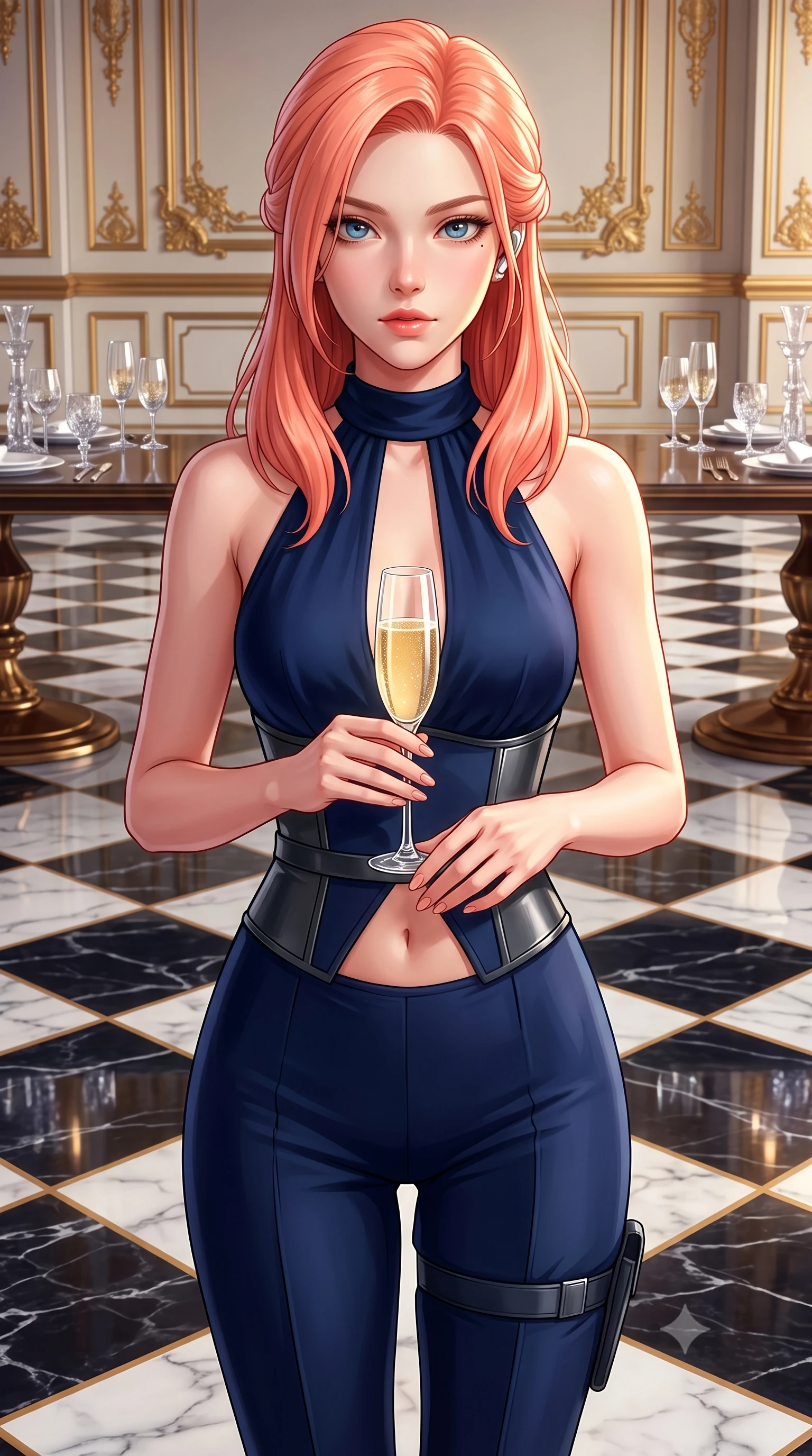 score_9, masterpiece, best quality, ultra-detailed, high-budget anime keyframe, semi-realistic 3D game render, editorial fashion photography, tasteful artistic composition, Japanese woman. close-up cowboy shot from the waist and thighs up, the character dominates the composition, filling the frame with her large presence. holding her hands loosely in front with regal, aristocratic poise, radiating an overwhelming high-society aura while holding a crystal flute of sparkling champagne with delicate poise, her jewel-like eyes locked onto the viewer. The surrounding environment is rendered in vivid detail and crisp panoramic clarity. sharp checkerboard marble floor reflections, ornate gold wall molding, and crystal table settings in deep focus. She has an exceptionally elegant, slender, and willowy female figure with an ultra-slim waist, a gracefully sculpted slender torso, toned flat midriff, and a refined slim silhouette. sharp v-shaped jawline, high-bridge nose, intricate jewel-like eyes with depth, thick eyelashes, glossy lips with a natural sheen, captivating and magnetic expression, flawlessly proportioned anatomical accuracy, strict slender model proportions, natural body alignment, perfectly sculpted long slender limbs, ultra-slim waistline, clean dynamic posture without body distortion. wearing a high-society undercover halter-neck jumpsuit with a tailored deep-V back and integrated tactical waist cincher in deep midnight blue and brushed gunmetal, tailored from fluid silk crepe with inner ballistic reinforcement, accessorized with a sleek concealed garter holster and pearl ear transmitter, the precision-cut daring openings accentuating her delicate midriff, graceful bare collarbones, and ultra-slim feminine waistline. surrounded by a glamorous, exclusive, and breathtakingly captivating billionaire heiress aura. highly saturated vibrant anime colors, detailed shading with soft gradients, rich glossy textures, high-contrast stereoscopic depth, volumetric dynamic lighting, master piece, 9:16 ratio