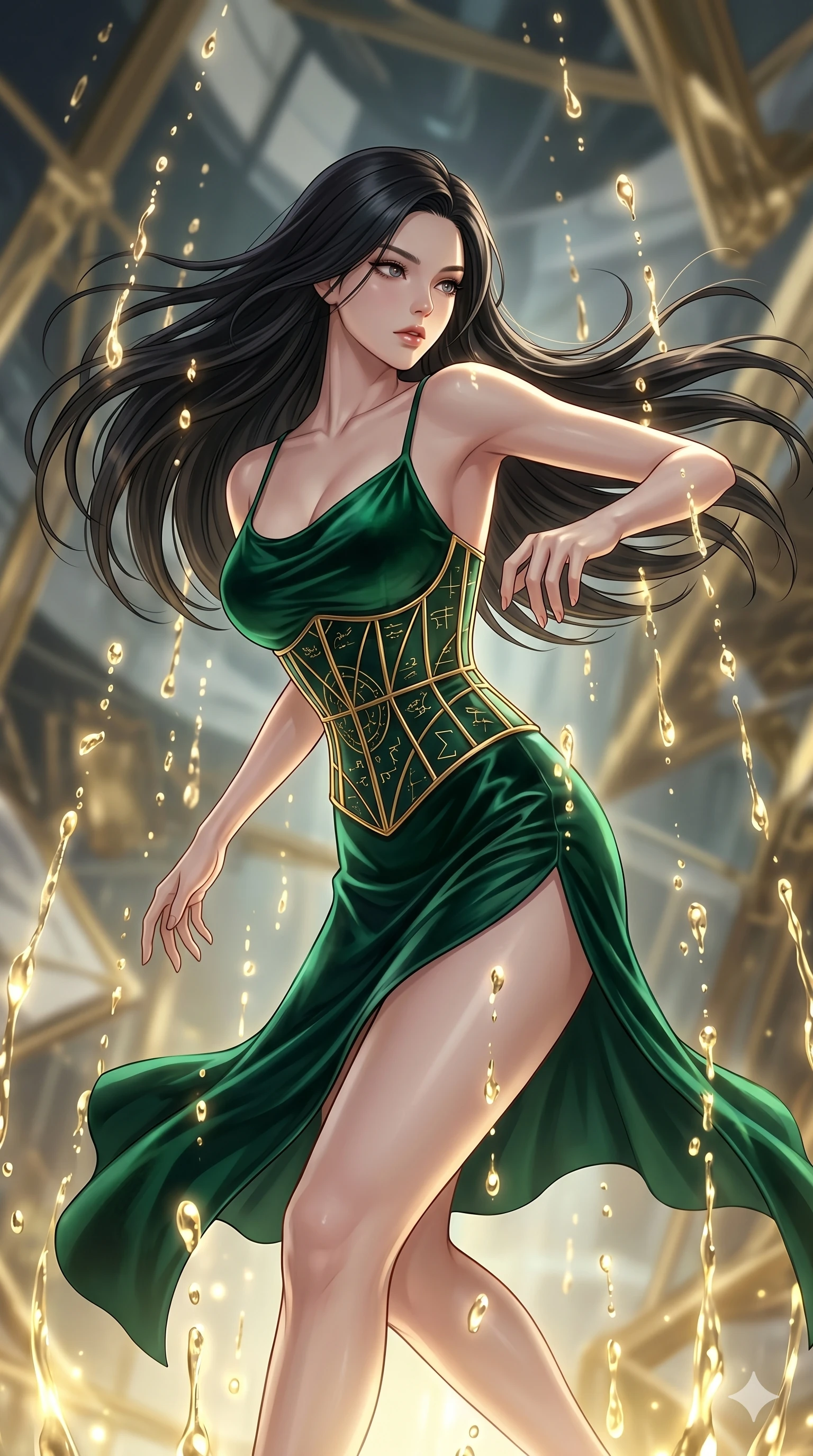score_9, masterpiece, best quality, ultra-detailed, high-budget anime keyframe, Korean woman. upper body close-up from the thighs up, character filling the screen for maximum presence. dodging ethereal liquid gold rain that rises upward from the ground in warm shimmering droplets under an inverted gravity field. She has an absolutely perfect 8-heads proportion, an exceptionally tall and slender female figure with impossibly long slender legs and an ultra-slim waist. V-shaped jawline, high-bridge nose, intricate jewel-like eyes with depth, thick eyelashes, glossy lips with a natural sheen.. wearing a mathematical gold wire cage corset and an emerald green silk velvet slip dress with a thigh-high side slit. lit by a soft glowing ambient light and a sharp side key light that traces the sleek contours of her athletic build. 2k, ultra detail, master piece, 9:16 ratio