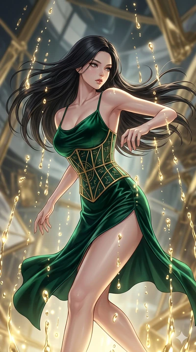 score_9, masterpiece, best quality, ultra-detailed, high-budget anime keyframe, Korean woman. upper body close-up from the thighs up, character filling the screen for maximum presence. dodging ethereal liquid gold rain that rises upward from the grou