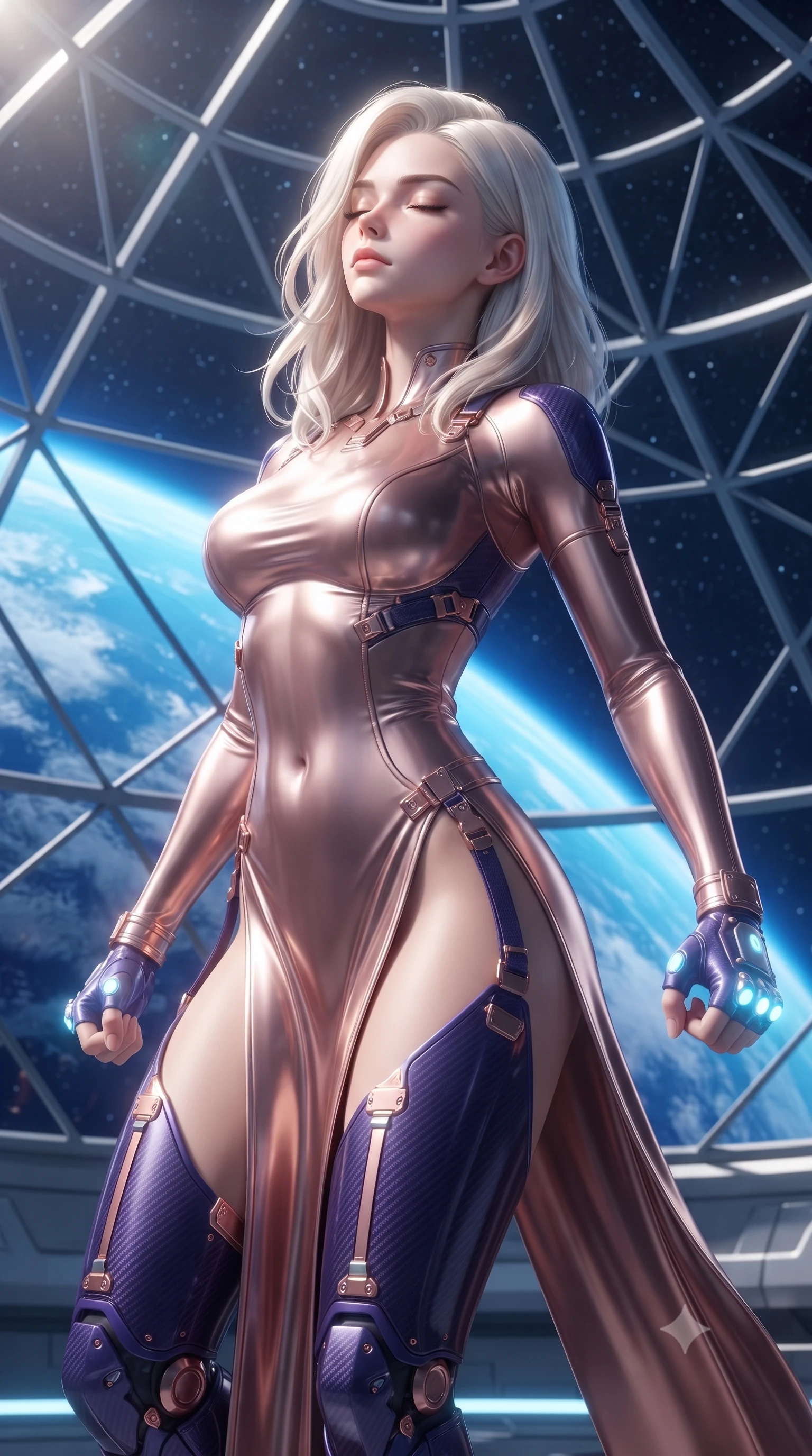 score_9, masterpiece, best quality, ultra-detailed, high-budget anime keyframe, editorial fashion photography, tasteful artistic composition, Caucasian woman. close-up cowboy shot from the waist and thighs up, the character dominates the composition, filling the frame with her large presence. tilting her head back with serene warrior composure, her sharp jawline and sculpted collarbones highlighted by glowing neon kinetic knuckles while floating in zero-gravity inside a soaring glass dome dojo overlooking the brilliant blue curvature of Earth while striking a serene martial arts pose. The surrounding environment is rendered in vivid detail and crisp panoramic clarity. detailed glass dome geometric lattices, zero-G particle distortion ripples, and starry void in high clarity. She has an exceptionally elegant, slender, and willowy female figure with an ultra-slim waist, a gracefully sculpted slender torso, toned flat midriff, and a refined slim silhouette. sharp v-shaped jawline, high-bridge nose, intricate jewel-like eyes with depth, thick eyelashes, glossy lips with a natural sheen, flawlessly proportioned anatomical accuracy, strict slender model proportions, natural body alignment, perfectly sculpted long slender limbs, ultra-slim waistline, clean dynamic posture without body distortion. wearing a form-fitting luminous rose-gold carbon combat gown with tactical high leg slits and flexible kinetic knee articulation in royal purple carbon fiber with rose-gold hardware and clasps, made of liquid carbon-jersey fabric adhering flawlessly to her sculpted silhouette, finished with high-mobility flexible limb seams and miniature magnetic armor locks, the glove-like aerodynamic second-skin fit tightly clinging to her ultra-slender waist and athletic curves without adding bulk, accentuating her razor-sharp statuesque lines and slim hourglass silhouette. bathed in dazzling natural orbital sunlight and rich blue planetary ambient bounce light. ultra-reflective glossy finish, specular highlights, dark metallic sheen, high-contrast stereoscopic depth, volumetric dynamic lighting, 2k, ultra detail, master piece, 9:16 ratio