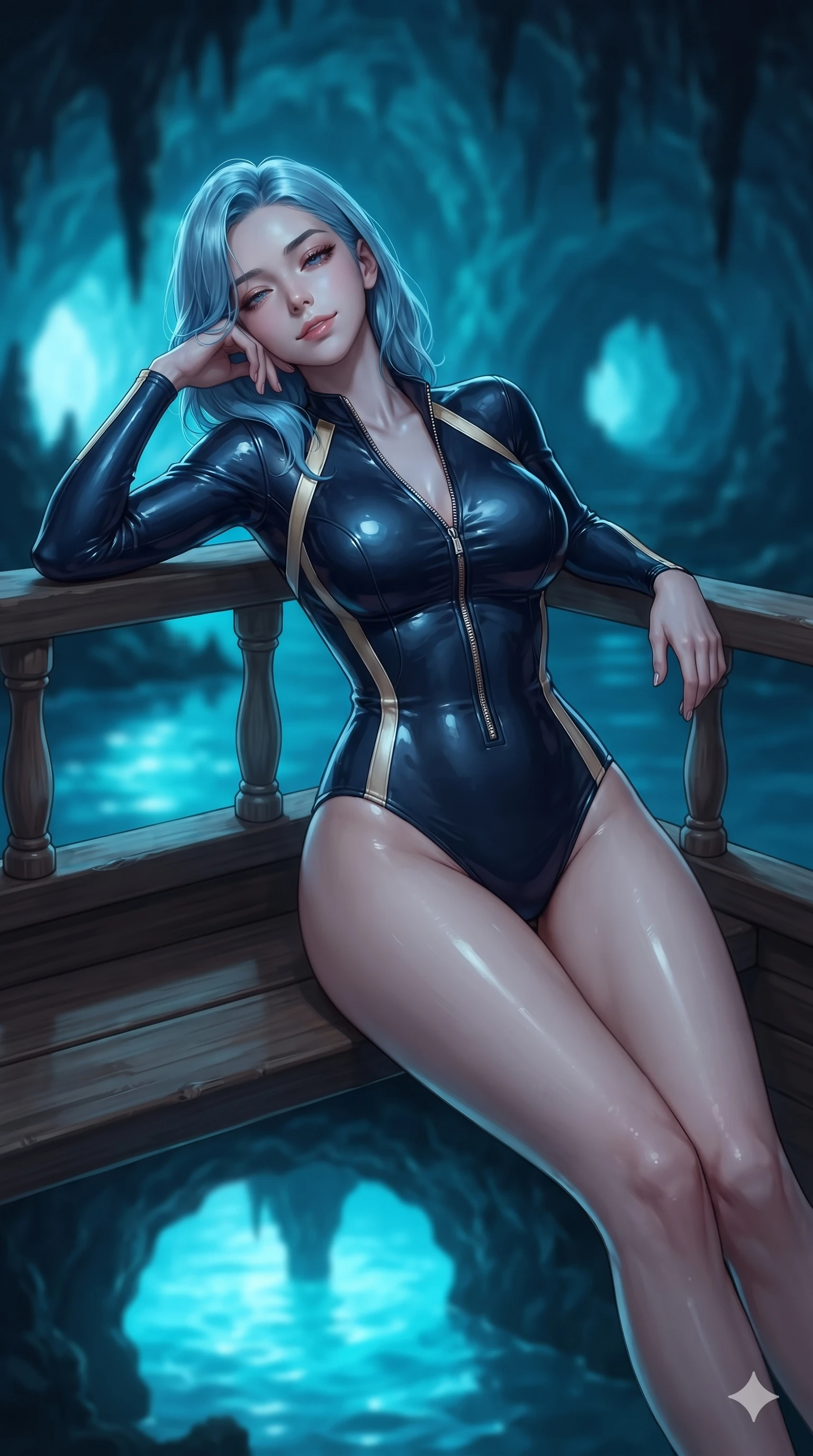 score_9, masterpiece, best quality, ultra-detailed, high-budget anime keyframe, editorial fashion photography, tasteful artistic composition, Korean woman. close-up cowboy shot from the waist and thighs up, the character dominates the composition, filling the frame with her large presence. leaning back against the balustrade with relaxed seductive grace, head tilted back slightly while casting a hypnotic, heavy-lidded gaze while lounging in the wooden skiff propped on one elbow, her flat midriff and long slender legs bathed in ethereal subterranean electric-blue light. The background shows a soft-focus eerie glowing neon-blue cavern water, dark limestone stalactites, and tiny cave openings blurred into electric sapphire, teal, and obsidian bokeh. She has an exceptionally elegant, slender, and willowy female figure with an ultra-slim waist, flat toned midriff, narrow ribcage, and sculpted feminine hips creating an alluring, slim hourglass silhouette without bulk. sharp v-shaped jawline, high-bridge nose, sparkling eyes with hypnotic seductive depth, thick curled eyelashes, glossy parted lips with a natural dewy peach sheen, alluring bedroom-eyes with an enchanting coquettish smile, exuding magnetic siren charisma and sophisticated glamour, flawlessly proportioned anatomical accuracy, strict slender model proportions, natural body alignment, perfectly sculpted long slender limbs, ultra-slim waistline, clean dynamic posture without body distortion. wearing a form-contouring wet-look neoprene zip-front surfing bodysuit with high-cut leg openings and racing side stripes in French Riviera navy and crisp champagne gold, tailored from second-skin technical compression neoprene with athletic curve-sculpting stretch, featuring an open-back criss-cross harness strap in white leather, the form-contouring cut accentuating her sculpted flat midriff, narrow delicate ribcage, and gracefully curvy hips with intoxicating allure. bathed in the supernatural, intense 480nm electric-blue luminescence rising from submerged cave openings beneath the water surface. ultra-reflective glossy finish, specular highlights, rich textural contrasts, high-contrast stereoscopic depth, volumetric dynamic lighting, 2k, ultra detail, master piece, 9:16 ratio