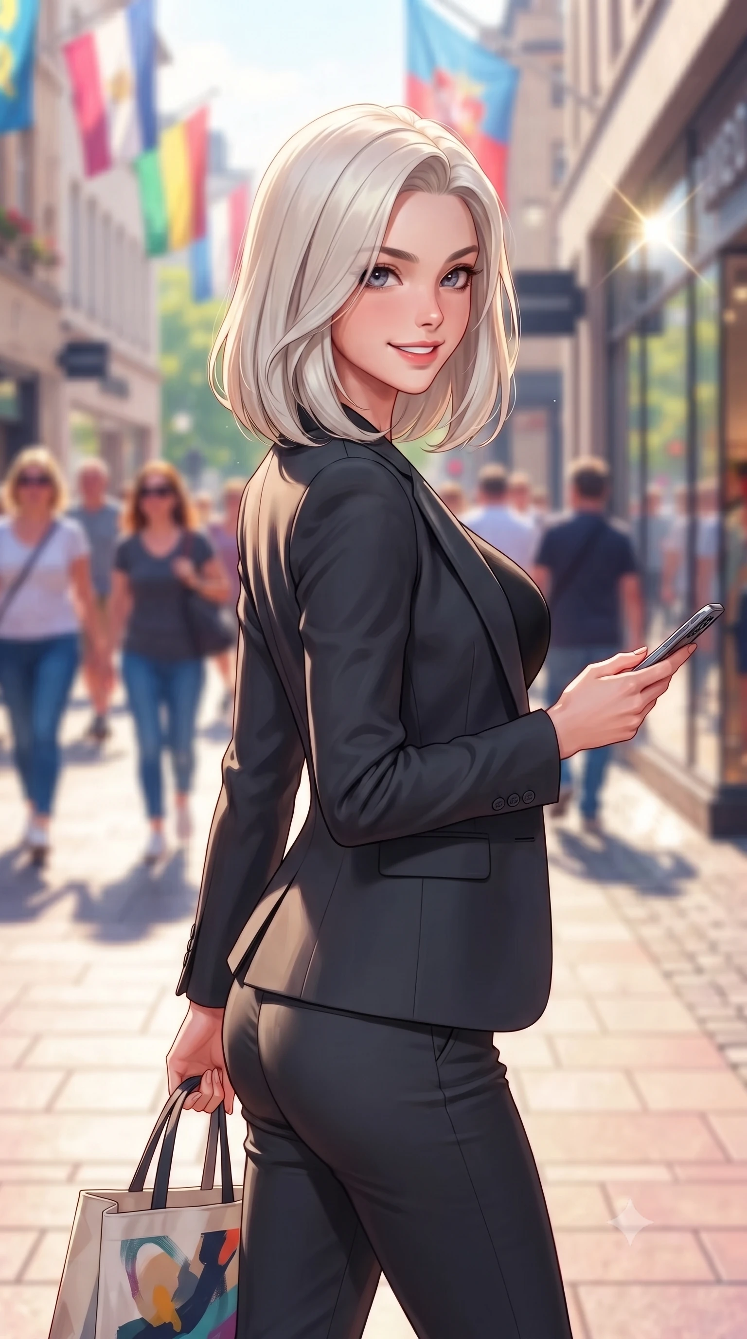 score_9, masterpiece, best quality, ultra-detailed, high-budget anime keyframe, editorial fashion photography, tasteful artistic composition, Caucasian woman. close-up cowboy shot from the waist and thighs up, the character dominates the composition, filling the frame with her large presence, background elements kept in soft focus. smiling with a playful and cute half-smile, glancing sidelong over her shoulder set against a soft-focus background of walking down a pedestrian shopping boulevard with colorful flags overhead carrying a chic canvas tote bag and a smart phone in her hand. She has an exceptionally elegant, slender, and willowy female figure with an ultra-slim waist, a gracefully sculpted slender torso, and a refined silhouette. sharp v-shaped jawline, high-bridge nose, intricate jewel-like eyes with depth, thick eyelashes, glossy lips with a natural sheen. wearing form-contouring tight-fitting tailored blazer in charcoal, closed over a body-hugging black top and slim trousers. bright afternoon sunbeams creating sharp reflections on the glass shop windows. highly saturated vibrant anime colors, detailed shading with soft gradients, rich glossy textures, high-contrast stereoscopic depth, volumetric dynamic lighting, master piece, 9:16 ratio