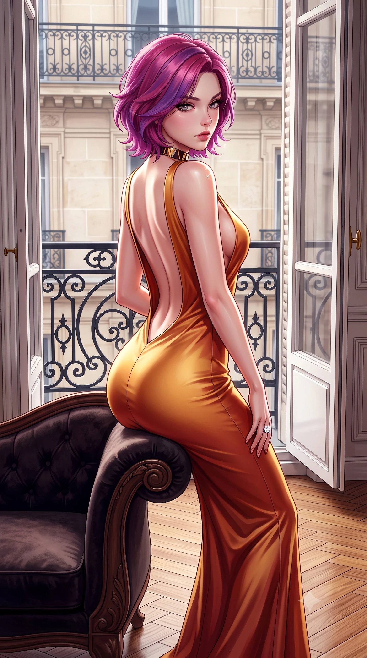 score_9, masterpiece, best quality, ultra-detailed, high-budget anime keyframe, semi-realistic 3D game render, editorial fashion photography, tasteful artistic composition, Caucasian woman. close-up cowboy shot from the waist and thighs up, the character dominates the composition, filling the frame with her large presence. twisting her slender torso in a deep contrapposto stance, hips dramatically shifted to accentuate her feminine curves while looking past her shoulder with smoldering bedroom-eyes while perching on the armrest of a vintage velvet chaise longue beside floor-to-ceiling French doors, arching her spine with effortless Parisian chic. The surrounding environment is rendered in vivid detail and crisp panoramic clarity. sharp wrought-iron railing scrollwork, herringbone parquet wood grain, and Haussmann stone facade moldings in deep focus. She has an exceptionally elegant, slender, and willowy female figure with an ultra-slim waist, flat toned midriff, narrow ribcage, and sculpted feminine hips creating an alluring, slim hourglass silhouette without bulk. sharp v-shaped jawline, high-bridge nose, intricate jewel-like eyes with depth, thick eyelashes, glossy parted lips with a natural sheen, intensely captivating and seductive bedroom-eyes expression, flawlessly proportioned anatomical accuracy, strict slender model proportions, natural body alignment, perfectly sculpted long slender limbs, ultra-slim waistline, clean dynamic posture without body distortion. wearing a liquid-silk jersey evening gown with an ultra-deep plunging open back descending to the base of her spine and a sculpted hip-hugging skirt in molten desert gold and burnt terracotta, tailored from ultra-smooth duchess satin with a pearlescent sheen, complemented by a bold geometric choker and sparkling cocktail ring, the form-contouring material adhering flawlessly to her sculpted flat midriff and slender torso, emphasizing her long leg lines and perfectly proportioned willowy build. illuminated by sparkling Eiffel Tower light glints defining her razor-sharp jawline, narrow waist, and curvy hips. highly saturated vibrant anime colors, detailed shading with soft gradients, rich glossy textures, high-contrast stereoscopic depth, volumetric dynamic lighting, master piece, 9:16 ratio