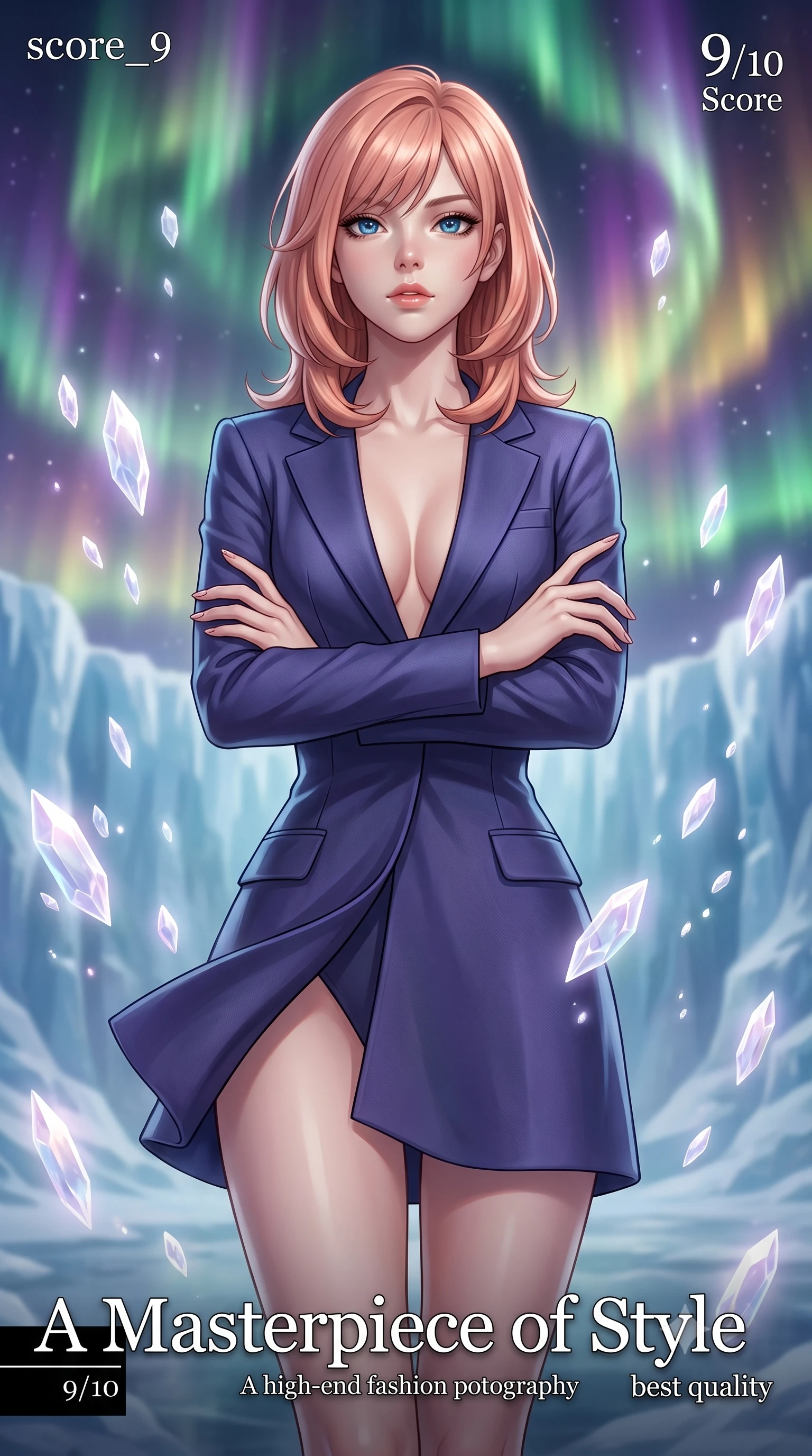 score_9, masterpiece, best quality, ultra-detailed, high-budget anime keyframe, editorial fashion photography, tasteful artistic composition, Japanese woman. close-up cowboy shot from the waist and thighs up, the character dominates the composition, filling the frame with her large presence, background elements kept in soft focus. Crossing her arms with serene confidence and chin slightly raised. set against a soft-focus background of a natural ice amphitheater on a frozen planet where magnificent plasma auroras form a living curtain of green violet and gold serving as an ever-shifting cosmic stage backdrop. She has an exceptionally elegant and slender, willowy female figure with an ultra-slim waist, a gracefully sculpted slender torso, and a refined slim physique. sharp v-shaped jawline, high-bridge nose, intricate jewel-like eyes with depth, thick eyelashes, glossy lips with a natural sheen. wearing a tailored blazer dress in deep indigo, featuring a plunging neckline and a high-cut front hem. ethereal pearlescent light emanating from floating crystalline formations all around. 2k, ultra detail, master piece, 9:16 ratio
