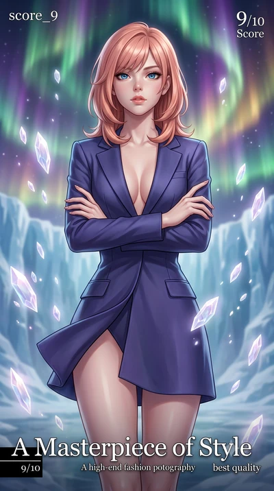 score_9, masterpiece, best quality, ultra-detailed, high-budget anime keyframe, editorial fashion photography, tasteful artistic composition, Japanese woman. close-up cowboy shot from the waist and thighs up, the character dominates the composition, 