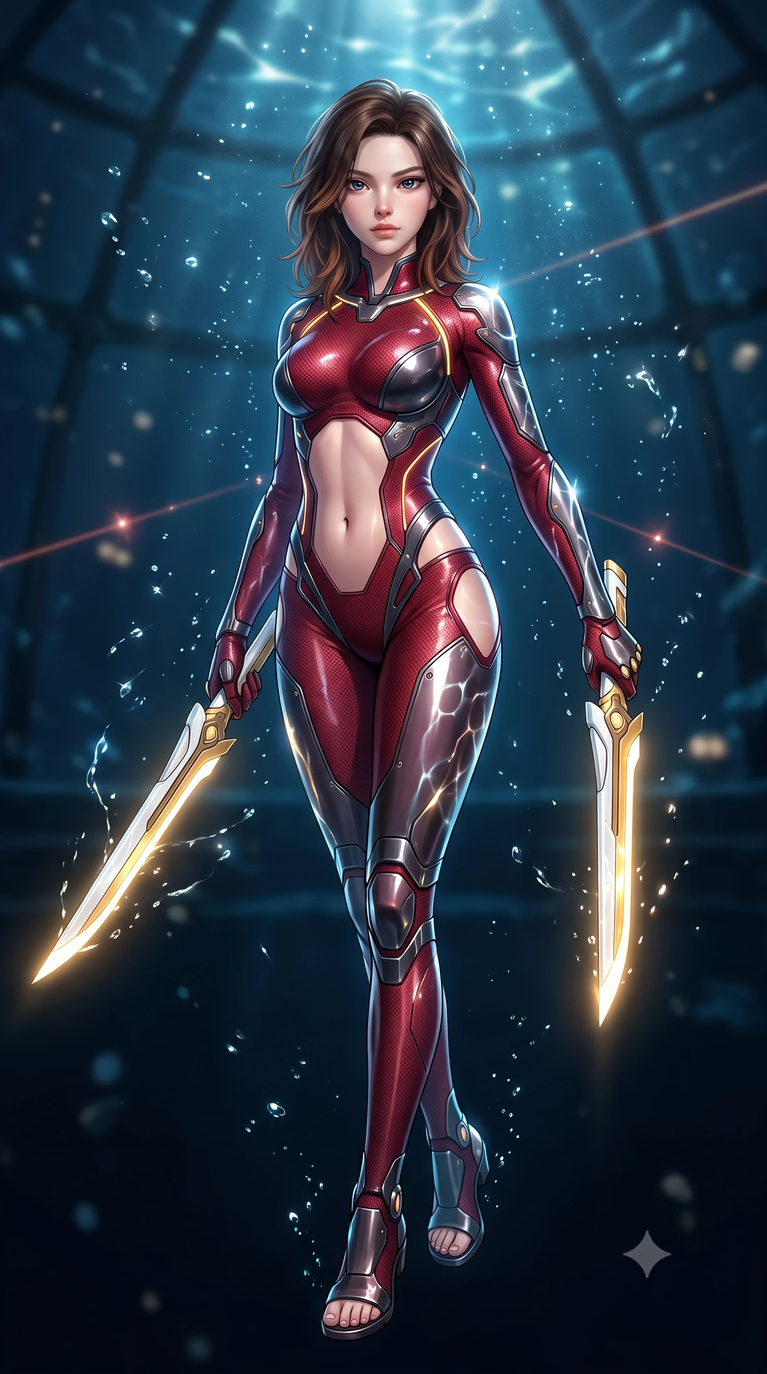 score_9, masterpiece, best quality, ultra-detailed, high-budget anime keyframe, semi-realistic 3D game render, editorial fashion photography, tasteful artistic composition, Korean woman. low angle full-body shot from head to toe showing her feet, filling the entire 9:16 vertical frame with her statuesque presence, stretching her vertical silhouette. pivoting dynamically in mid-motion with a breathtakingly alluring posture, displaying her flawless model proportions, toned flat midriff, and ultra-slim waist while pivoting dynamically as water caustics from the surrounding ocean dome dance across her form-contouring carbon battle-suit. The composition keeps background elements in soft focus with creamy bokeh. sparkling aquatic caustics and laser beam sights scattering light motes across a dark subterranean backdrop. She has an absolutely perfect, statuesque 8.5-heads proportion, an exceptionally tall and slender model-like female figure with impossibly long slender legs, a toned flat midriff, and an ultra-slim waist. sharp v-shaped jawline, high-bridge nose, intricate jewel-like eyes with depth, thick eyelashes, glossy lips with a natural sheen, flawlessly proportioned anatomical accuracy, strict slender model proportions, natural body alignment, perfectly sculpted long slender limbs, ultra-slim waistline, clean dynamic posture without body distortion. wearing a skin-tight crimson carbon-weave combat leotard with metallic dark chrome plating and hip-accentuating cutouts, holding twin glowing high-frequency vibro-blades with effortless supermodel poise in arctic white carbon composite with radiant solar gold plating, crafted from semi-translucent cybernetic carbon-vinyl interwoven with glowing micro-filaments, accented with glowing fiber-optic conduits tracing her collarbones and hip curves, the liquid-tight tailored fabric emphasizing every curve of her tall, slender model proportions and sculptured silhouette during dynamic movement. illuminated by crisp white key light and sharp specular highlights tracing her slender curves. rich saturated anime colors with glowing neon highlights, detailed shading with soft gradients, rich glossy textures, high-contrast stereoscopic depth, volumetric dynamic lighting, master piece, 9:16 ratio