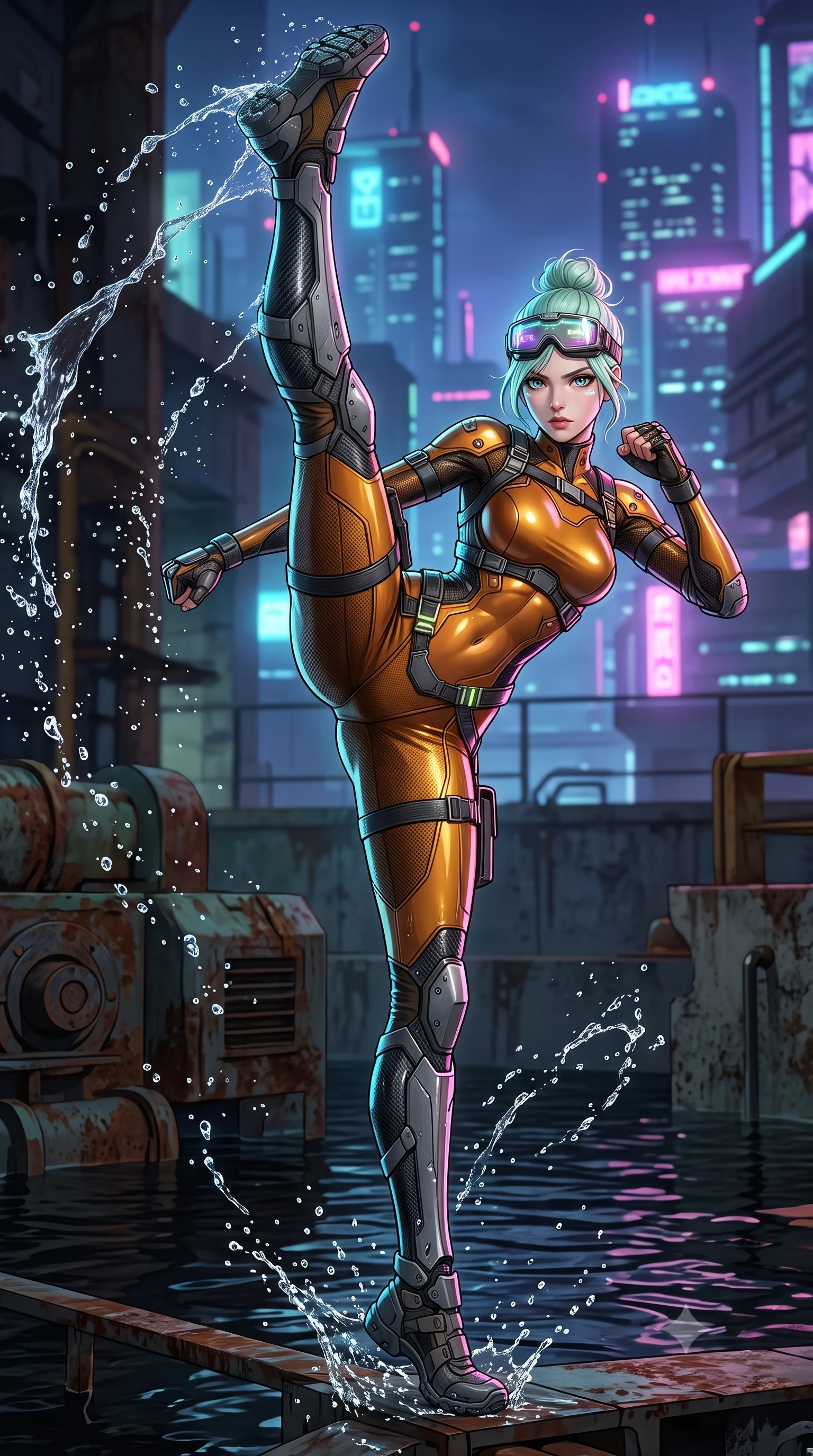score_9, masterpiece, best quality, ultra-detailed, high-budget anime keyframe, semi-realistic 3D game render, editorial fashion photography, tasteful artistic composition, Japanese woman. low angle full-body shot from head to toe showing her feet, filling the entire 9:16 vertical frame with her statuesque presence, stretching her vertical silhouette. executing a breathtaking zero-gravity high-kick with full 180-degree vertical extension, her impossibly long slender legs dominating the frame with razor-sharp poise while executing a soaring 180-degree spinning hook kick above black industrial floodwaters with reinforced kinetic shin guards spraying water arcs. The surrounding environment is rendered in vivid detail and crisp panoramic clarity. sharp water droplet spray crests, razor-sharp shin guard plating seams, and wet carbon fiber in deep focus. She has an absolutely perfect, statuesque 8.5-heads proportion, an exceptionally tall and slender model-like female figure with impossibly long slender legs, a toned flat midriff, and an ultra-slim waist. sharp v-shaped jawline, high-bridge nose, intricate jewel-like eyes with depth, thick eyelashes, glossy lips with a natural sheen, fierce and resolute heroine expression, flawlessly proportioned anatomical accuracy, strict slender model proportions, natural body alignment, perfectly sculpted long slender limbs, ultra-slim waistline, clean dynamic posture without body distortion. wearing high-tech holographic tactical goggles resting tipped up on her forehead, casting glowing neon runes across her brow without obscuring her features, paired with a tailored tactical combat jumpsuit with an open-back harness design, reinforced composite breastplate, and high-mobility elbow dampers in molten amber-gold carbon cuirass with dark gunmetal weave, crafted from ultra-strong woven carbon-fiber composite with battle-tested satin luster, reinforced by a heavy-duty titanium tactical harness and glowing micro-energy status straps, the sleek second-skin cut tightly hugging her graceful clavicle, narrow waist, and feminine curves with athletic precision. surrounded by an agile, lethal, and breathtakingly athletic aquatic infiltration operative aura. rich saturated anime colors with glowing neon highlights, detailed shading with soft gradients, rich glossy textures, high-contrast stereoscopic depth, volumetric dynamic lighting, master piece, 9:16 ratio