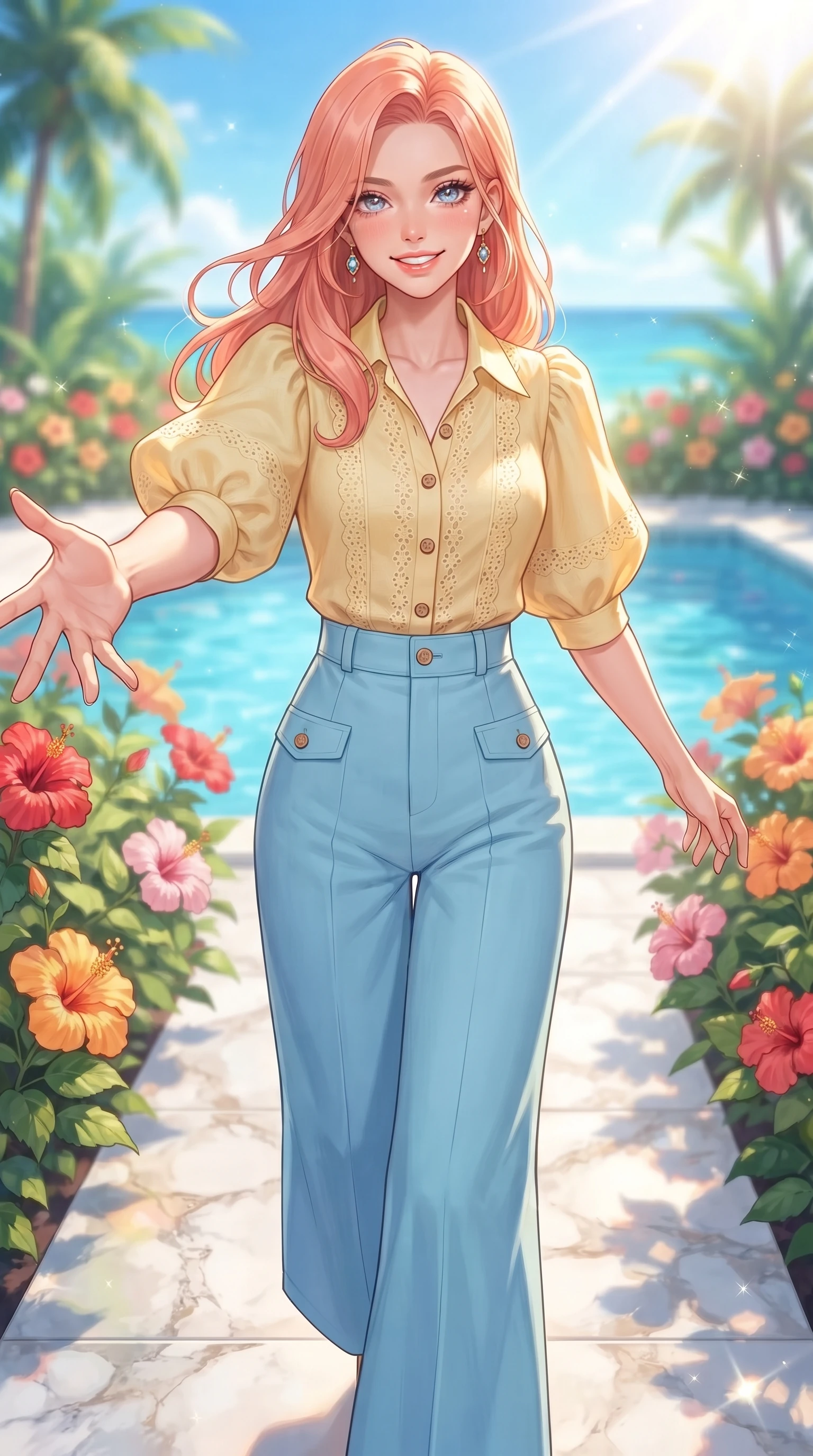 score_9, masterpiece, best quality, ultra-detailed, high-budget anime keyframe, editorial fashion photography, tasteful artistic composition, Japanese woman. close-up cowboy shot from the waist and thighs up, the character dominates the composition, filling the frame with her large presence. Fresh enchanting smile, her eyes twinkling like jewels in the bright sunlight as one arm reaches out cheerfully while stepping onto a marble garden walkway surrounded by blooming hibiscus flowers and clear blue water. The composition keeps background elements in soft focus with dreamy bokeh. sun-drenched pool reflections and ocean views blurred into a soft, relaxing backdrop. She has an exceptionally elegant, slender, and willowy female figure with an ultra-slim waist, a gracefully sculpted slender torso, and a refined silhouette. sharp v-shaped jawline, high-bridge nose, intricate jewel-like eyes with depth, thick eyelashes, glossy lips with a natural sheen, flawlessly proportioned anatomical accuracy, natural body alignment, perfectly sculpted elegant limbs, clean dynamic posture without body distortion. wearing an elegant pastel linen blouse with puff sleeves and high-waisted wide-leg trousers in sunny daffodil yellow and clear sky blue, woven with delicate eyelet lace and soft cotton, finished with neat front wooden buttons and pocket details, the chic real-way fashion cut emphasizing her effortless charm. bathed in bright tropical sunshine and glittering pool water refractions. ultra-reflective glossy finish, specular highlights, metallic sheen, high-contrast stereoscopic depth, volumetric dynamic lighting, 2k, ultra detail, master piece, 9:16 ratio
