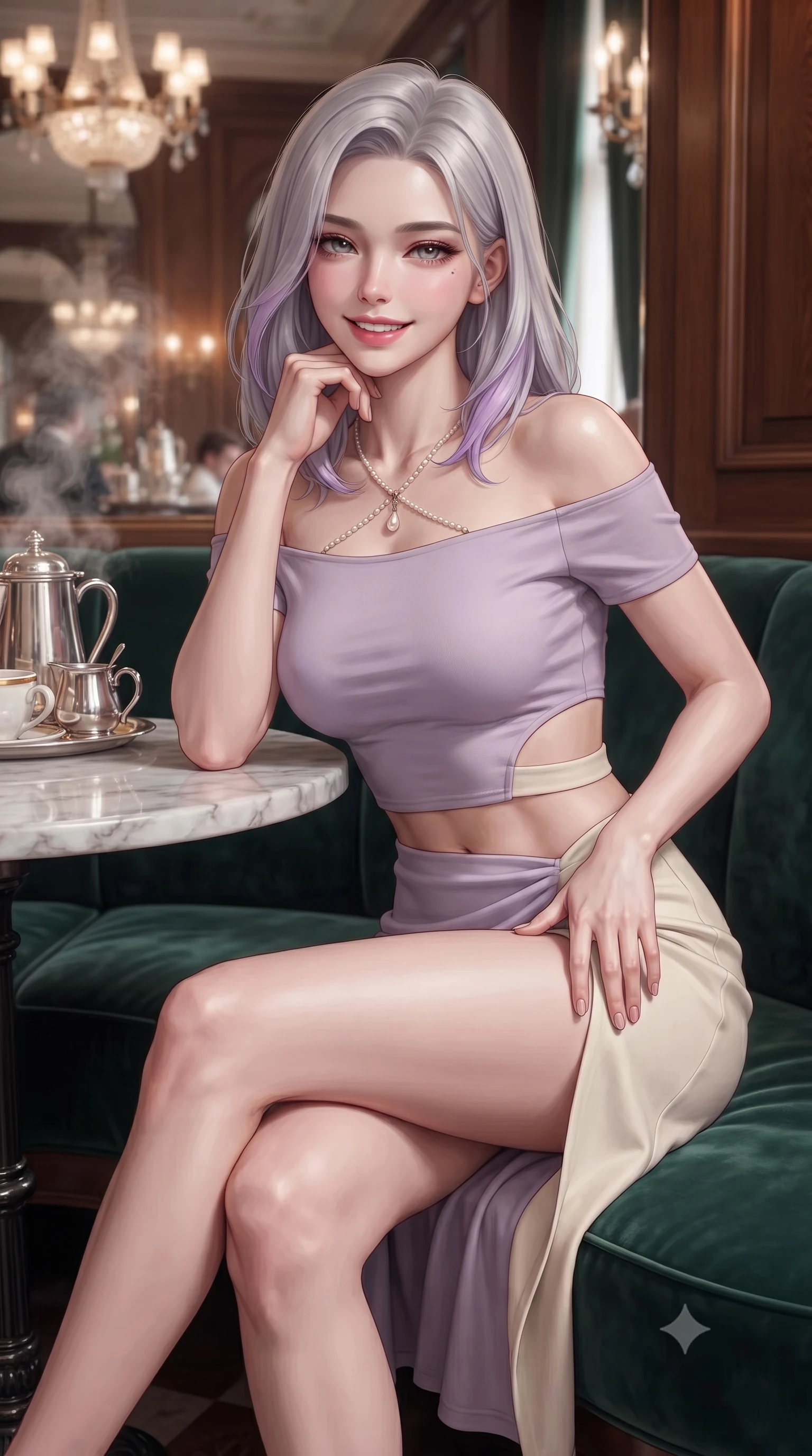 score_9, masterpiece, best quality, ultra-detailed, high-budget anime keyframe, editorial fashion photography, tasteful artistic composition, Caucasian woman. close-up cowboy shot from the waist and thighs up, the character dominates the composition, filling the frame with her large presence. resting one elbow on the table and supporting her chin, leaning close to the camera with heavy-lidded sparkling eyes and parted lips while sitting poised on the plush velvet banquette with legs crossed, running one manicured hand slowly down her hip with magnetic charm. The background shows a soft-focus gentle rising steam from silver coffee services softened in historic Viennese grand café shallow focus. She has an exceptionally elegant, slender, and willowy female figure with an ultra-slim waist, flat toned midriff, narrow ribcage, and sculpted feminine hips creating an alluring, slim hourglass silhouette without bulk. sharp v-shaped jawline, high-bridge nose, intricate jewel-like sparkling eyes with depth, thick eyelashes, glossy parted lips with a natural peach sheen, bright cheerful beaming smile with an enchanting and coquettish sensual glint, exuding both youthful cute charm and seductive allure, flawlessly proportioned anatomical accuracy, strict slender model proportions, natural body alignment, perfectly sculpted long slender limbs, ultra-slim waistline, clean dynamic posture without body distortion. wearing a provocative off-the-shoulder crop top with asymmetrical side-torso cutouts and a high-slit wrap skirt in Luberon lavender purple and Provençal limestone cream, crafted from bespoke double-faced cashmere with an exceptionally soft tactile finish, accented with a pearl-drop body harness subtly framing her dewy collarbones and spine, the second-skin tailored fabric adhering flawlessly to her sculpted flat midriff and slender torso, emphasizing her long leg lines and perfectly proportioned willowy build. illuminated by polished marble reflection fill and sharp copper-gold rim lights defining her razor-sharp jawline, narrow waist, and curvy hips. ultra-reflective glossy finish, specular highlights, rich textural contrasts, high-contrast stereoscopic depth, volumetric dynamic lighting, 2k, ultra detail, master piece, 9:16 ratio