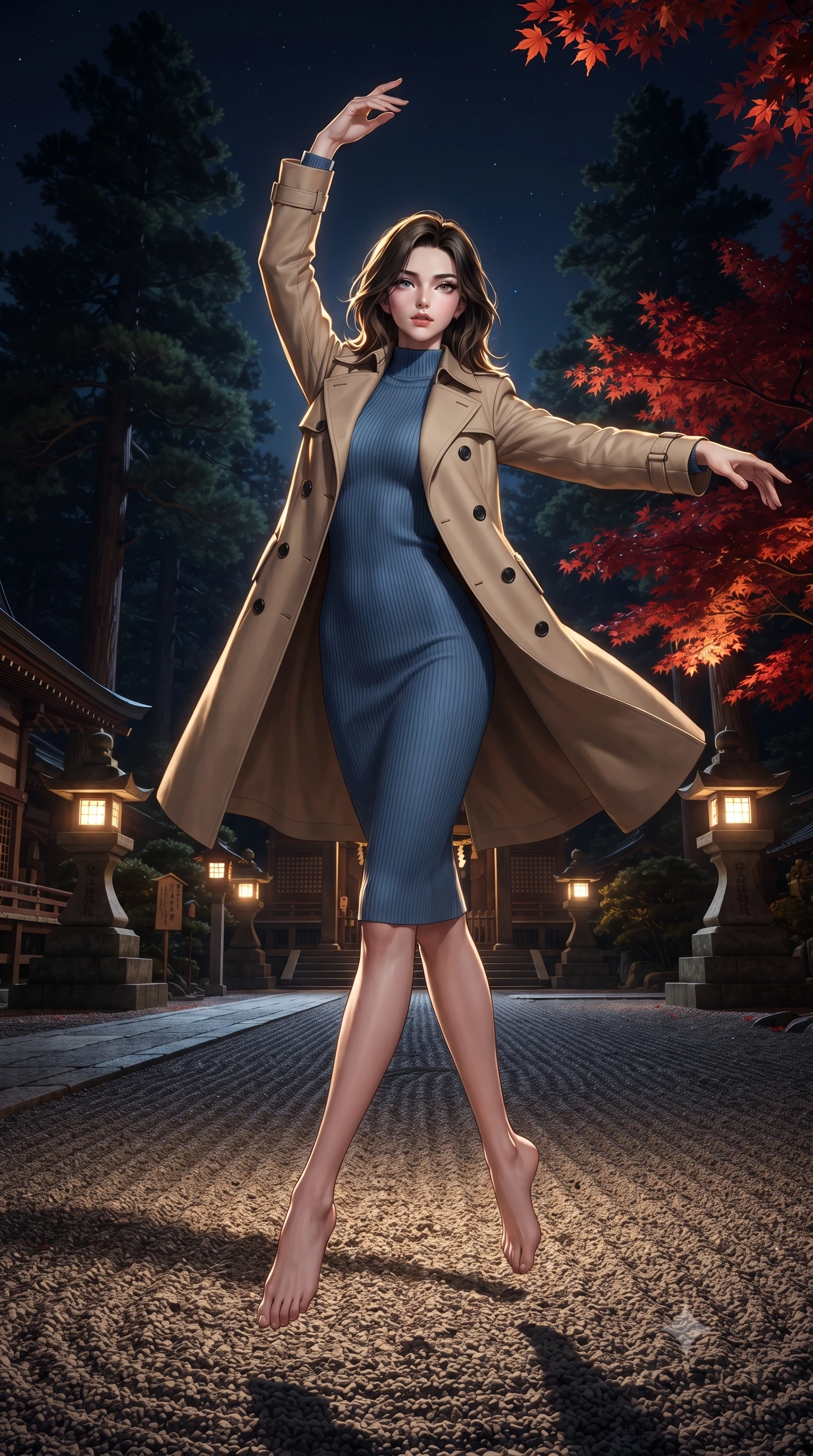 score_9, masterpiece, best quality, ultra-detailed, high-budget anime keyframe, editorial fashion photography, tasteful artistic composition, Korean woman. low angle full-body shot from head to toe showing her feet, filling the entire 9:16 vertical frame with her statuesque presence, stretching her vertical silhouette. pirouetting mid-air inside a traditional Japanese Shinto shrine courtyard at night with stone lanterns casting warm pools of light ancient cedar trees autumn maple leaves in brilliant red and a raked gravel garden gleaming in moonlight. She has a statuesque 8.5-heads proportion, an exceptionally tall, slender and willowy model-like build with impossibly long legs and a highly sculpted ultra-slim waist. sharp v-shaped jawline, high-bridge nose, intricate jewel-like eyes with depth, thick eyelashes, glossy lips with a natural sheen. wearing a classic double-breasted beige trench coat layered over a French blue mock-neck ribbed midi dress. dramatic chiaroscuro with a single golden key light sculpting her silhouette. 2k, ultra detail, master piece, 9:16 ratio
