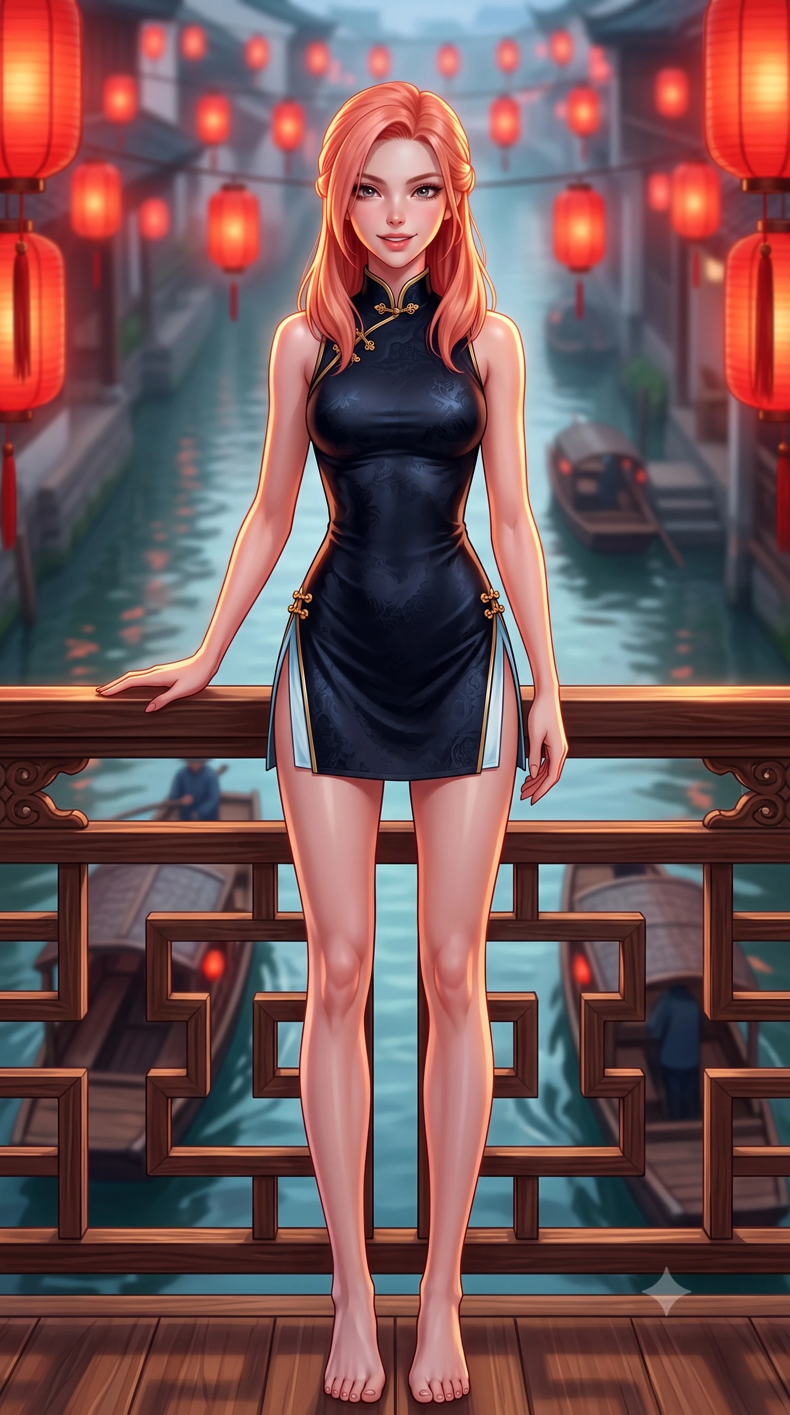 score_9, masterpiece, best quality, ultra-detailed, high-budget anime keyframe, semi-realistic 3D game render, editorial fashion photography, tasteful artistic composition, Japanese woman. low angle full-body shot from head to toe showing her feet, filling the entire 9:16 vertical frame with her statuesque presence, stretching her vertical silhouette. standing in a tall, confident posture with one hand on the carved palace railing, stretching her statuesque body as she arches her lower back to emphasize her sculpted feminine hips and slender waist while sitting perched on the carved wooden balcony railing above the tranquil canal, arching her back with a playful, teasing smile as wooden sampans pass. The background shows a soft-focus red silk lanterns swaying in the breeze above the slow-moving canal softened in poetic Suzhou shallow focus. She has an absolutely perfect, statuesque 8.5-heads proportion, an exceptionally tall and slender model-like female figure with impossibly long slender legs, an ultra-slim waist, a flat toned midriff, narrow delicate ribcage, and beautifully sculpted feminine hips creating a graceful, slim hourglass silhouette without any bulky heaviness. sharp v-shaped jawline, high-bridge nose, intricate jewel-like dark sparkling almond eyes with depth, thick lashes, glossy parted lips with a natural rose-plum sheen, bright alluring and coquettish smile with bedroom-eyes, exuding both timeless oriental elegance and sovereign high-fashion allure, flawlessly proportioned anatomical accuracy, strict slender model proportions, natural body alignment, perfectly sculpted long slender limbs, ultra-slim waistline, clean dynamic posture without body distortion. wearing a form-contouring high-neck modern cheongsam mini dress in midnight black jacquard silk with daring double side hip slits in pure celadon porcelain blue and cloud white, tailored from sheer gossamer silk organza with an airy weightless flutter, accented with intricate gold frog buttons and a delicate mandarin collar, the liquid-tight tailored silk fabric clinging flawlessly to her narrow waist and rounded feminine hips, emphasizing every millimeter of her sculpted slim hourglass curves without any bulky heaviness. illuminated by red lantern glow and sharp amber-gold rim lights defining her sculpted collarbones, ultra-slim waist, and curvy hips. highly saturated vibrant anime colors, detailed shading with soft gradients, rich glossy textures, high-contrast stereoscopic depth, volumetric dynamic lighting, master piece, 9:16 ratio