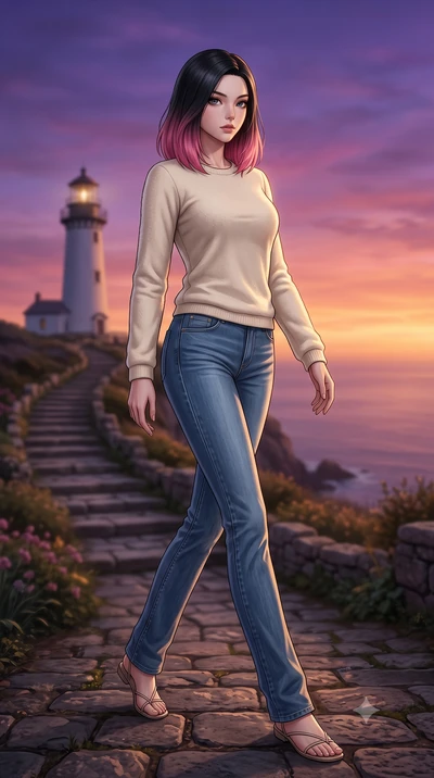 score_9, masterpiece, best quality, ultra-detailed, high-budget anime keyframe, editorial fashion photography, tasteful artistic composition, Korean woman woman. low angle full-body shot from head to toe showing her feet, filling the entire 9:16 vert