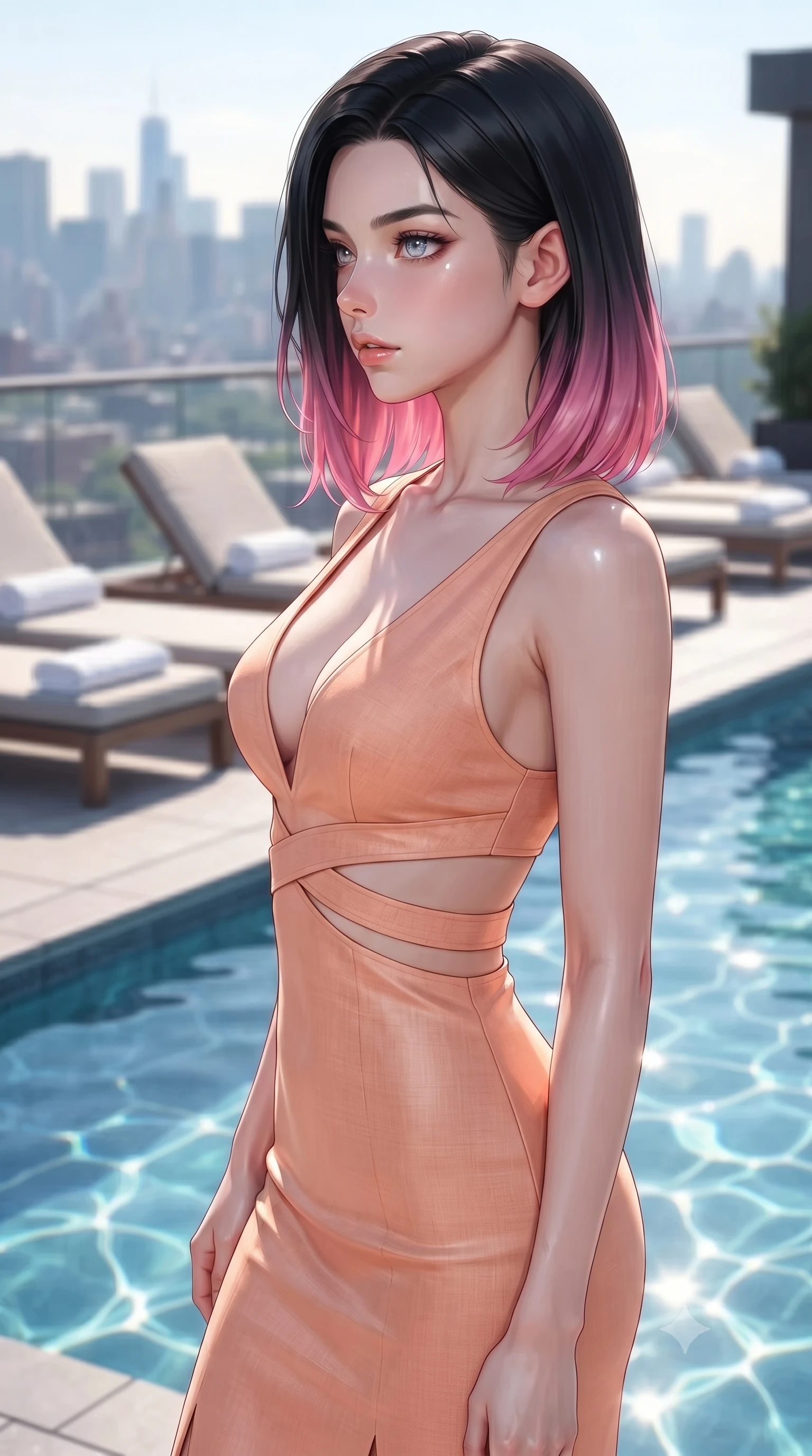 score_9, masterpiece, best quality, ultra-detailed, high-budget anime keyframe, editorial fashion photography, tasteful artistic composition, Korean woman woman. close-up cowboy shot from the waist and thighs up, the character dominates the composition, filling the frame with her large presence, background elements kept in soft focus. turning her face in sharp profile, casting a cold, mysterious, yet intensely alluring side gaze, the background shows a soft-focus a private rooftop pool with sunbeds and white towels, looking out at the city. She has an exceptionally elegant, slender, and willowy female figure with an ultra-slim waist, a gracefully sculpted slender torso, and a refined silhouette. sharp v-shaped jawline, high-bridge nose, intricate jewel-like eyes with depth, thick eyelashes, glossy lips with a natural sheen. wearing a form-contouring summer sundress with double waist cutouts and a plunging neckline in peach linen. bright afternoon sunbeams creating shimmering patterns in the blue pool water. ultra-reflective glossy finish, specular highlights, metallic sheen, high-contrast stereoscopic depth, volumetric dynamic lighting, 2k, ultra detail, master piece, 9:16 ratio