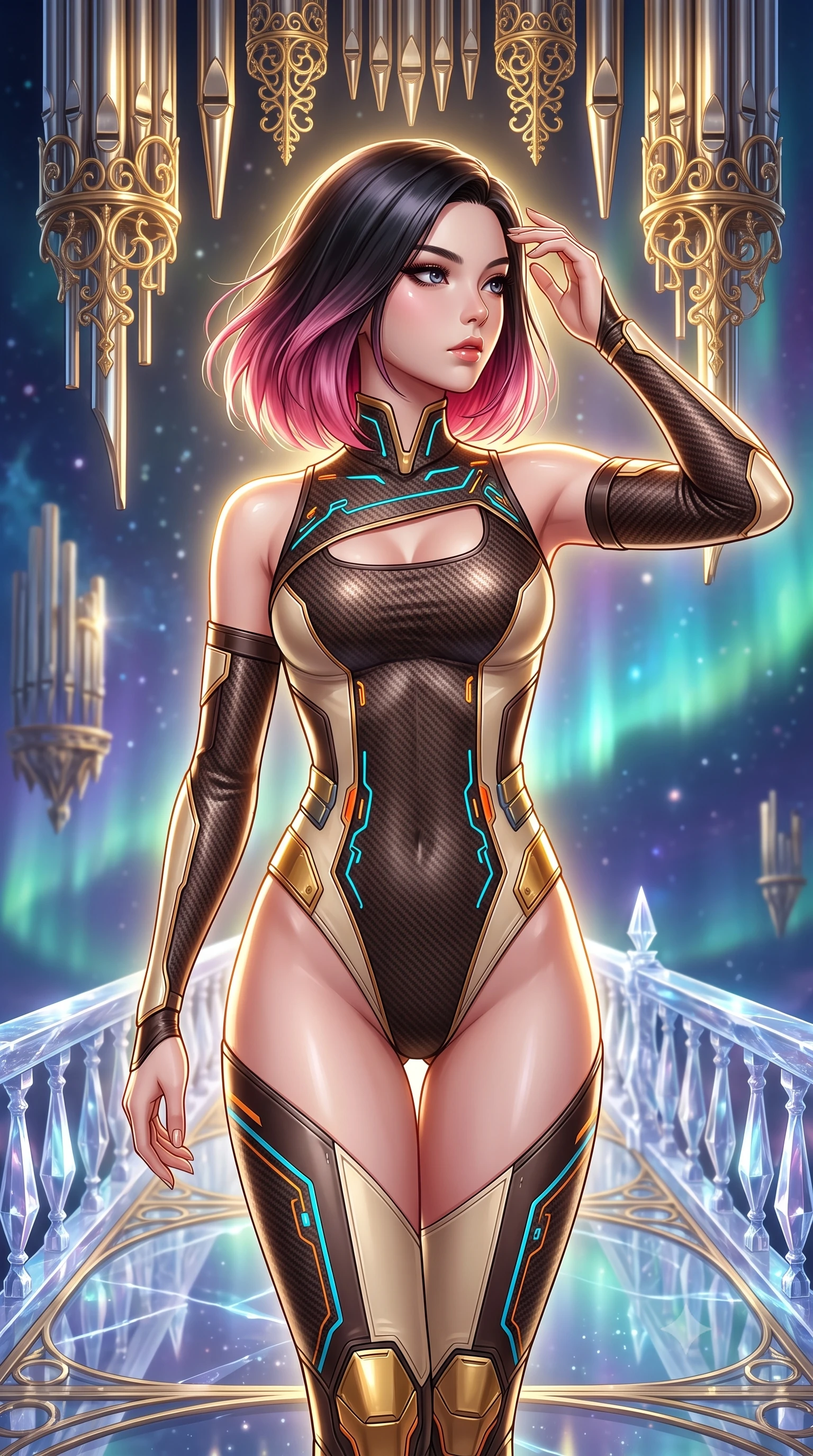 score_9, masterpiece, best quality, ultra-detailed, high-budget anime keyframe, editorial fashion photography, tasteful artistic composition, Korean woman. close-up cowboy shot from the waist and thighs up, the character dominates the composition, filling the frame with her large presence, background elements kept in soft focus. Resting her fingers gracefully near her temple, casting a sharp mysterious side-gaze during her stride while stepping forward with proud posture along a crystalline bridge under a cosmic aurora, golden filigree organ pipes casting intricate metallic reflections in mid-air. She has an exceptionally elegant, slender, and willowy female figure with an ultra-slim waist, a gracefully sculpted slender torso, and a refined silhouette. sharp v-shaped jawline, high-bridge nose, intricate jewel-like eyes with depth, thick eyelashes, glossy lips with a natural sheen, flawlessly proportioned anatomical accuracy, natural body alignment, perfectly sculpted elegant limbs, clean dynamic posture without body distortion. wearing an asymmetrical high-cut tech-bodysuit with detached sleeves in espresso brown and warm cream, made of fine carbon-fiber weave and soft matte leather, accented with a Tasteful chest slit framing her clavicle gracefully, the form-contouring material highlighting her ultra-slim waist and long lines. surrounded by a divine cosmic aura with bright golden specular rim lights. highly saturated vibrant anime colors, detailed shading with soft gradients, rich glossy textures, high-contrast stereoscopic depth, volumetric dynamic lighting, master piece, 9:16 ratio