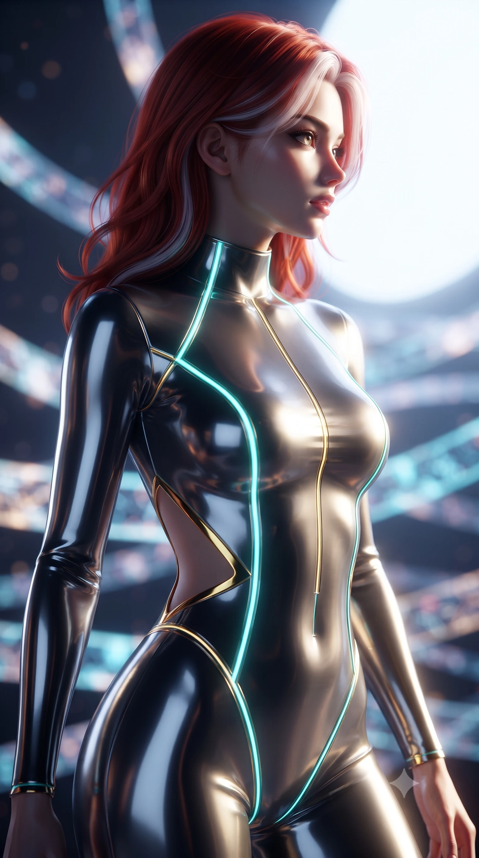 score_9, masterpiece, best quality, ultra-detailed, high-budget anime keyframe, editorial fashion photography, tasteful artistic composition, Caucasian woman. close-up cowboy shot from the waist and thighs up, the character dominates the composition, filling the frame with her large presence, background elements kept in soft focus. Turning her face in sharp dramatic profile against the bright light, showcasing her sharp v-shaped jawline navigating a maze of glowing silk ribbons that pulse to a cosmic rhythm, fine light patterns reflecting off glossy surfaces on her outfit. She has an exceptionally elegant, slender, and willowy female figure with an ultra-slim waist, a gracefully sculpted slender torso, and a refined silhouette. sharp v-shaped jawline, high-bridge nose, intricate jewel-like eyes with depth, thick eyelashes, glossy lips with a natural sheen. wearing a skin-tight cybernetic bodysuit with glowing neon seams and suggestive side cutouts, the elegant draped fit framing her graceful clavicle and slender torso. illuminated by the brilliant glow of cyan and gold luminescent threads. ultra-reflective glossy finish, specular highlights, metallic sheen, high-contrast stereoscopic depth, volumetric dynamic lighting, 2k, ultra detail, master piece, 9:16 ratio