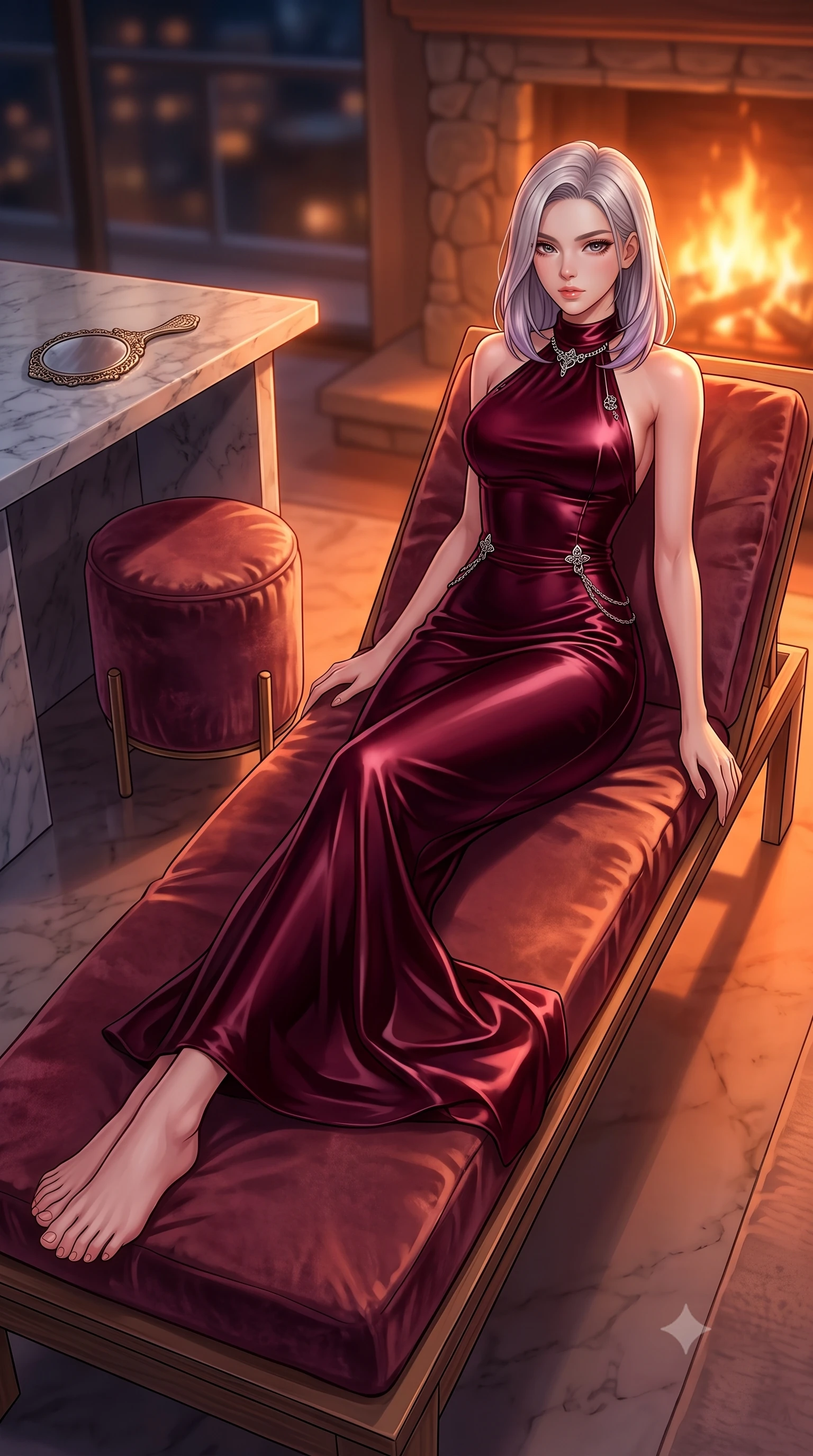 score_9, masterpiece, best quality, ultra-detailed, high-budget anime keyframe, editorial fashion photography, tasteful artistic composition, Caucasian woman. low angle full-body shot from head to toe showing her feet, filling the entire 9:16 vertical frame with her statuesque presence, stretching her vertical silhouette. relaxing on a sunbed with relaxed elegance, her slender figure stretching out gracefully under the warm glow set against a soft-focus background of inside an exclusive rooftop terrace with a velvet-wrapped stool and an antique hand mirror resting on a marble counter. She has an absolutely perfect, statuesque 8.5-heads proportion, an exceptionally tall and slender model-like female figure with impossibly long slender legs and an ultra-slim waist. sharp v-shaped jawline, high-bridge nose, intricate jewel-like eyes with depth, thick eyelashes, glossy lips with a natural sheen. wearing body-hugging deep burgundy liquid satin form-contouring cashmere halter dress tracing her statuesque physique accented with delicate silver hardware. bathed in cozy, flickering fireplace light that paints the room in a warm orange wash. highly saturated vibrant anime colors, detailed shading with soft gradients, rich glossy textures, high-contrast stereoscopic depth, volumetric dynamic lighting, master piece, 9:16 ratio