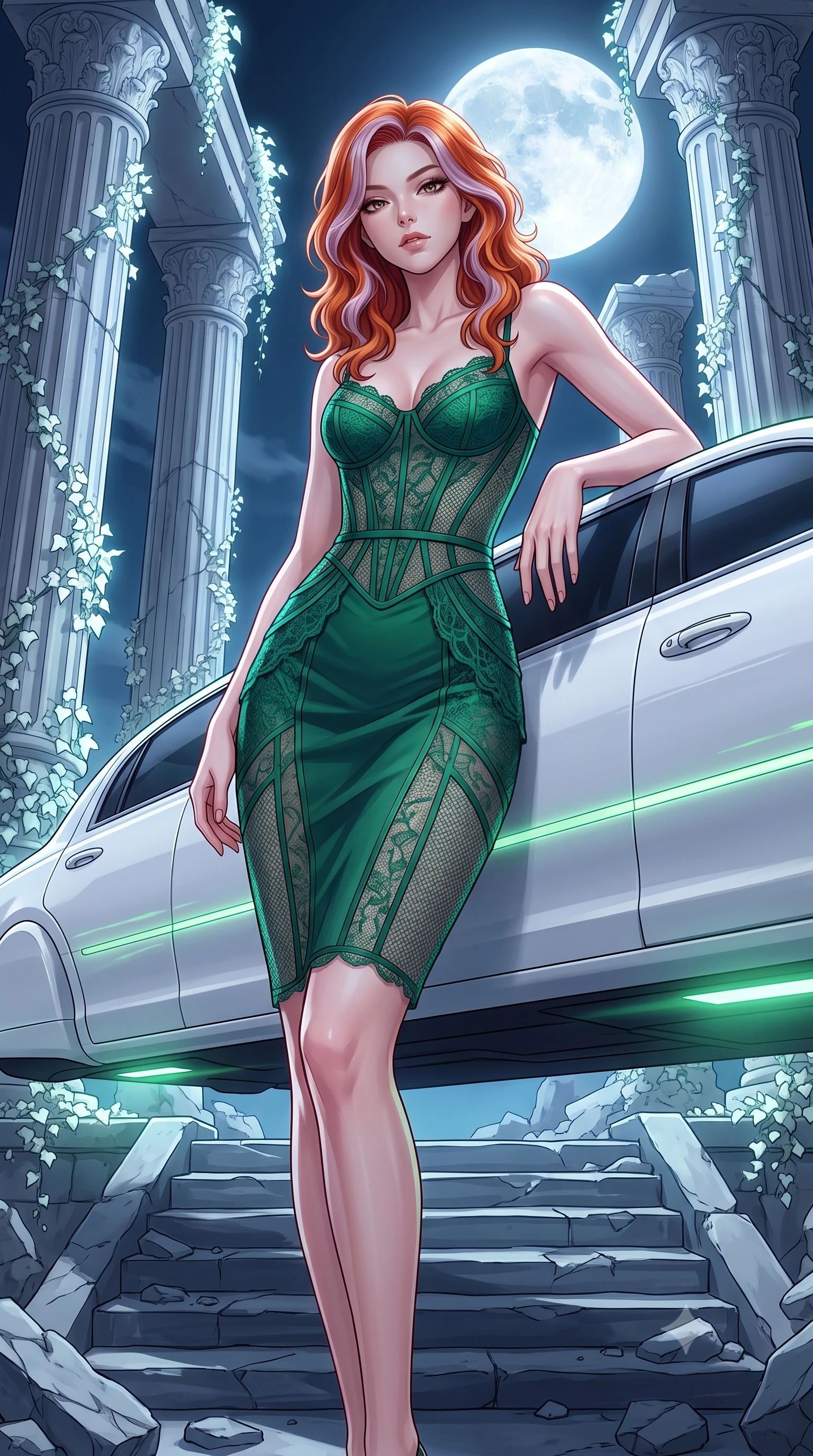 score_9, masterpiece, best quality, ultra-detailed, High-budget Anime Keyframe, Caucasian woman, strictly human ears. Low angle cowboy shot filling the entire 9:16 frame with her statuesque presence. Scenario 443: leaning against a sleek white hover-limousine by a moonlit ancient temple with collapsing marble pillars and white ivy. Her presence is magnetic and overpowering in this high-budget anime scene. Outfit 443: a form-contouring emerald green micro-mesh lace corset dress featuring layered translucent panels over a sleek slip dress. The clothing is designed to emphasize her exceptionally tall and slender 8-heads proportion. 8-heads proportion, towering silhouette, ultra-slim waist. sharp v-shaped jawline, intricate jewel-like eyes with depth, thick eyelashes, glossy lips. 2k, ultra detail, master piece, 9:16 ratio