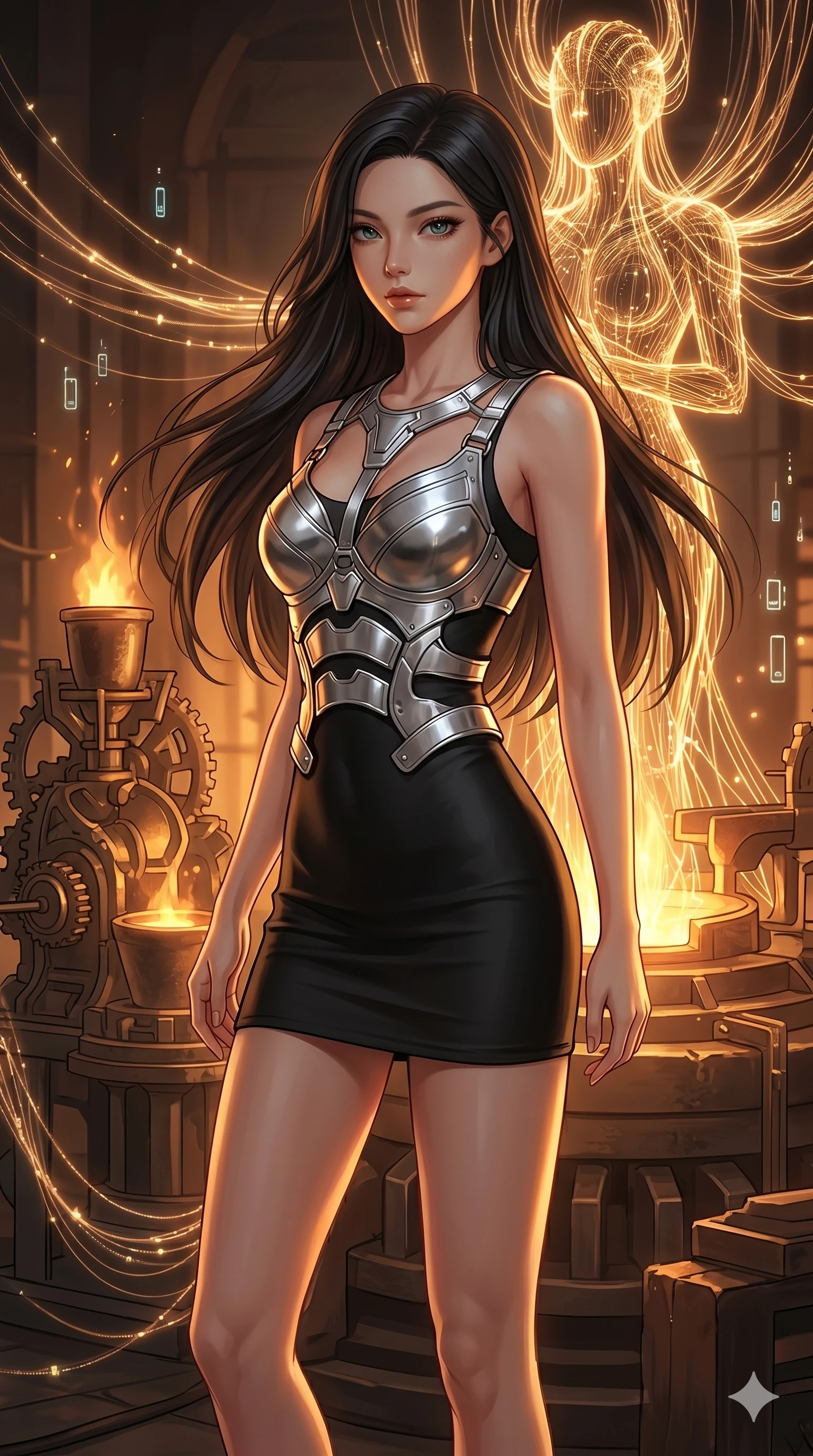 score_9, masterpiece, best quality, ultra-detailed, high-budget anime keyframe, editorial fashion photography, tasteful artistic composition, Korean woman. cowboy shot from the thighs up, character and outfit filling the frame for maximum editorial presence. Turning her head slowly toward the camera, her hair brushing against her shoulders in motion within a techno-shrine featuring a massive statue made of glowing fiber-optic wires, as faint echoes of digital chimes float through the space. She has an absolutely perfect 8-heads proportion, an exceptionally tall and slender female figure with impossibly long slender legs and an ultra-slim waist. V-shaped jawline, high-bridge nose, intricate jewel-like eyes with depth, thick eyelashes, glossy lips with a natural sheen. wearing a sculpted silver plate harness worn over a matte black form-contouring mini slip dress. bathed in the warm, flickering orange light of an alchemical forge, casting long moving shadows. 2k, ultra detail, master piece, 9:16 ratio