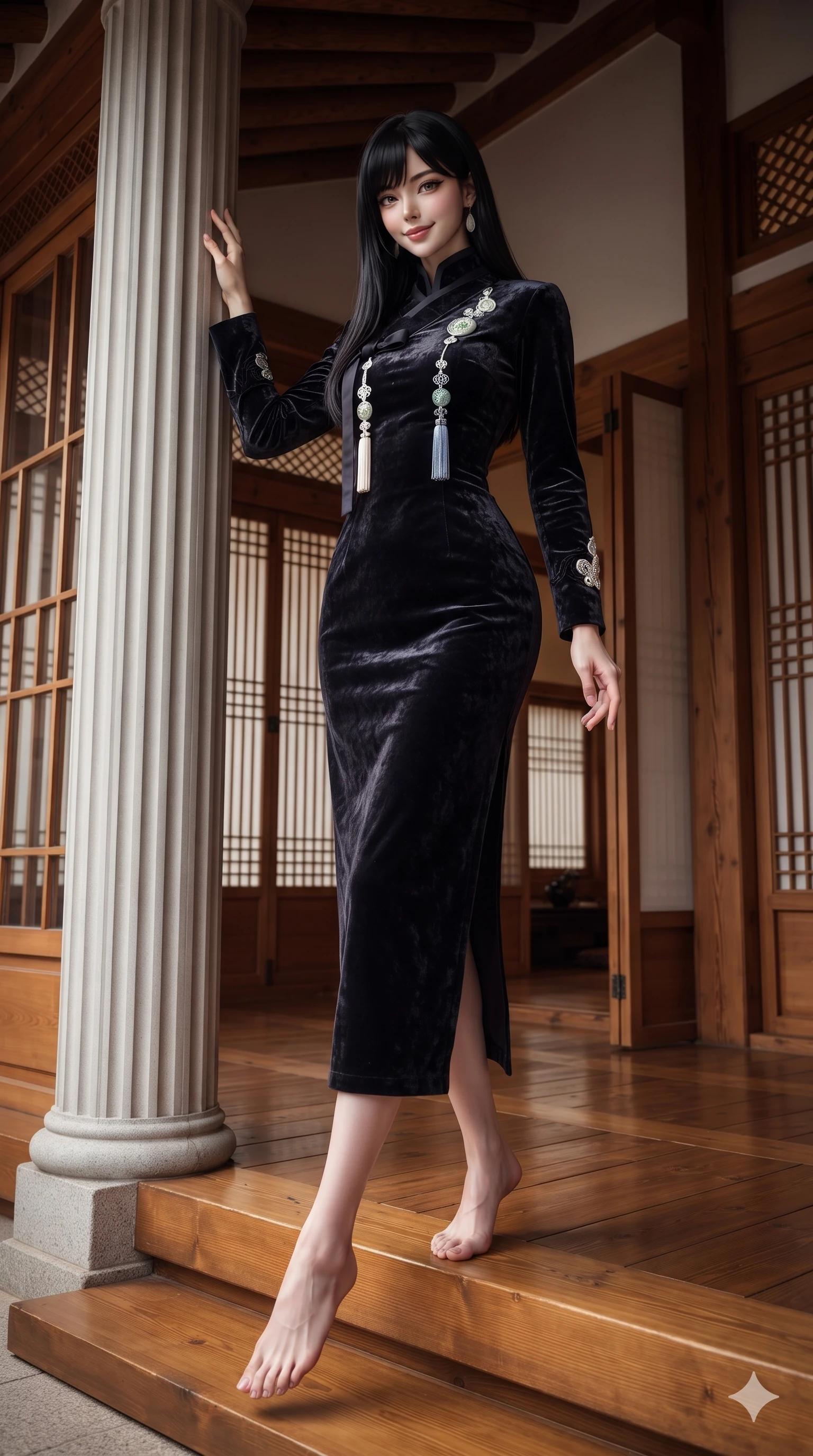 score_9, masterpiece, best quality, ultra-detailed, high-budget anime keyframe, editorial fashion photography, tasteful artistic composition, Caucasian woman. low angle full-body shot from head to toe showing her feet, filling the entire 9:16 vertical frame with her statuesque presence, stretching her vertical silhouette. standing tall beside the architectural column, one hand resting high while arching her lower back to emphasize her sculpted feminine hips and slender waist while stepping gracefully over the raised wooden threshold, her long slender legs and curvy hourglass hips commanding the frame. The surrounding environment is rendered in vivid detail and crisp panoramic clarity: sharp wood joinery seams on sliding screen frames, rice-paper texture, and polished timber floorboard gloss in deep focus. She has an absolutely perfect, statuesque 8.5-heads proportion, an exceptionally tall and slender model-like female figure with impossibly long slender legs, an ultra-slim waist, a flat toned midriff, narrow delicate ribcage, and beautifully sculpted feminine hips creating a graceful, slim hourglass silhouette without any bulky heaviness. sharp v-shaped jawline, high-bridge nose, sparkling eyes with hypnotic seductive depth, thick curled eyelashes, glossy parted lips with a natural dewy peach sheen, alluring bedroom-eyes with an enchanting coquettish smile, exuding magnetic siren charisma and sophisticated glamour, flawlessly proportioned anatomical accuracy, strict slender model proportions, natural body alignment, perfectly sculpted long slender limbs, ultra-slim waistline, clean dynamic posture without body distortion. wearing a bespoke high-neck modernized hanbok coat dress with an architectural collar and silk norigae knot tie in celestial pearl white and moonlight platinum, tailored from crushed dark velvet with deep light-absorbing plush texture, finished with authentic carved jade pendants and traditional norigae knots, the impeccably tailored cut draping gracefully along her slender figure with aristocratic eastern poise. illuminated by timber floor bounce and sharp rose-gold rim lights defining her razor-sharp jawline, narrow waist, and curvy hips. ultra-reflective glossy finish, specular highlights, rich textural contrasts, high-contrast stereoscopic depth, volumetric dynamic lighting, 2k, ultra detail, master piece, 9:16 ratio