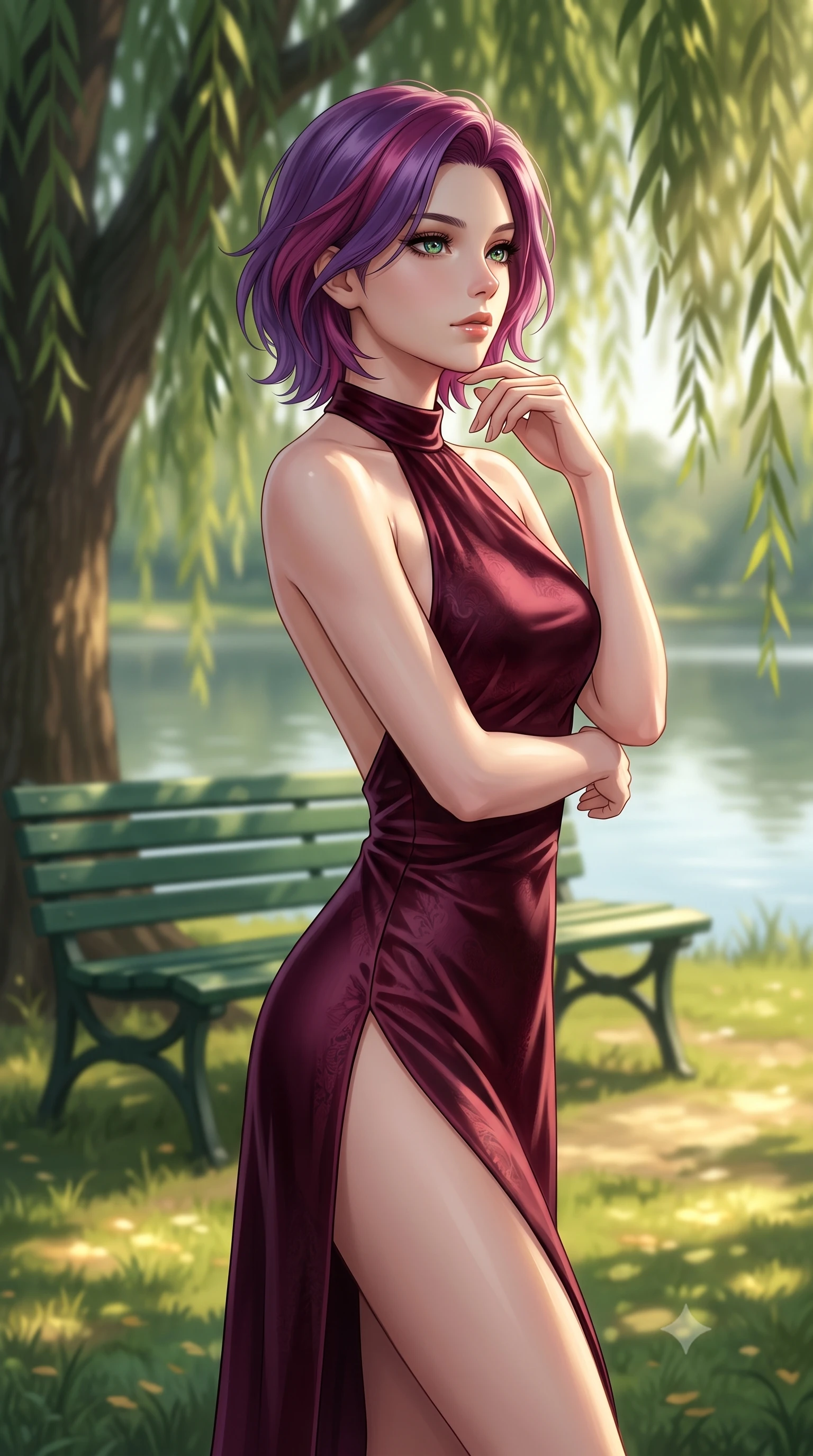score_9, masterpiece, best quality, ultra-detailed, high-budget anime keyframe, editorial fashion photography, tasteful artistic composition, Caucasian woman woman. close-up cowboy shot from the waist and thighs up, the character dominates the composition, filling the frame with her large presence, background elements kept in soft focus. looking past the camera with a peaceful, thoughtful gaze, enjoying the warm sunlight the background shows a soft-focus a green park bench under a large weeping willow tree near a calm lake. She has an exceptionally elegant, slender, and willowy female figure with an ultra-slim waist, a gracefully sculpted slender torso, and a refined silhouette. sharp v-shaped jawline, high-bridge nose, intricate jewel-like eyes with depth, thick eyelashes, glossy lips with a natural sheen. wearing a tailored high-slit satin gown in deep burgundy with an elegant halter neck and open back. dappled sunbeams filtering through the willow leaves onto the grass. 2k, ultra detail, master piece, 9:16 ratio