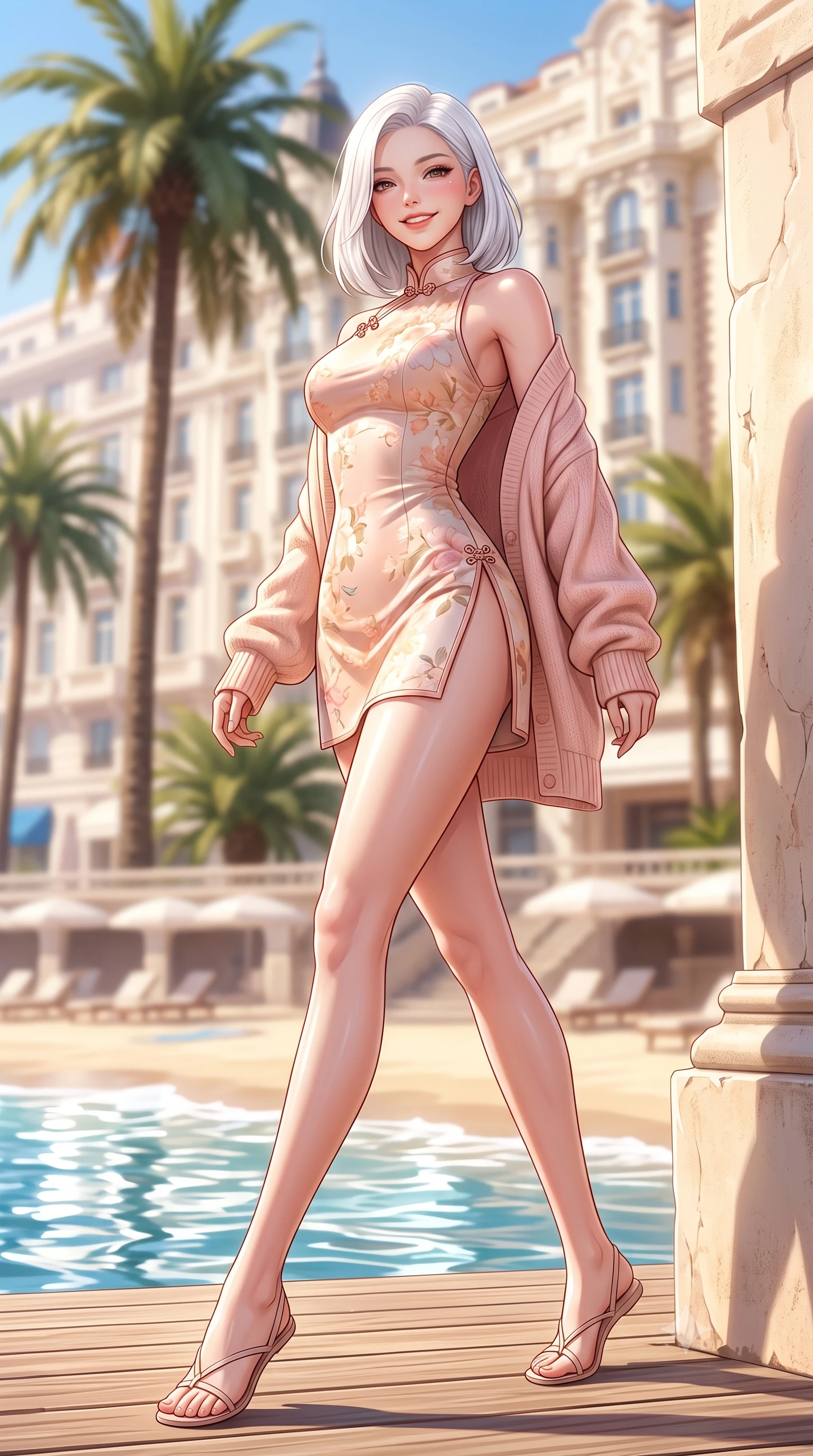 score_9, masterpiece, best quality, ultra-detailed, high-budget anime keyframe, semi-realistic 3D game render, editorial fashion photography, tasteful artistic composition, Korean woman. low angle full-body shot from head to toe showing her feet, filling the entire 9:16 vertical frame with her statuesque presence, stretching her vertical silhouette. leaning deep against the sunlit architecture with hips cocked back in a cute yet unapologetically alluring high-fashion stance, flashing a warm beaming smile while striding gracefully down the sun-bleached wooden beach boardwalk, arching her back with a radiant supermodel smile under towering palms. The composition keeps background elements in soft focus with dreamy creamy bokeh. luxury Croisette palace hotels and palm boulevards softened in glamorous French Riviera shallow focus. She has an exceptionally tall and slender model-like 8.5-heads proportion, an ultra-slim waist, a flat toned midriff, narrow delicate ribcage, and beautifully sculpted feminine hips creating a graceful, slim hourglass silhouette without any bulky heaviness, with impossibly long slender legs. sharp v-shaped jawline, high-bridge nose, intricate jewel-like sparkling eyes with depth, thick eyelashes, glossy parted lips with a natural peach sheen, bright cheerful beaming smile with an enchanting and coquettish sensual glint, exuding both youthful cute charm and seductive allure, flawlessly proportioned anatomical accuracy, strict slender model proportions, natural body alignment, perfectly sculpted long slender limbs, ultra-slim waistline, clean dynamic posture without body distortion. wearing a modern cute qipao mini dress with double side slits ascending to the hip in pastel floral silk in pastel peach blossom pink and warm champagne ivory, crafted from soft breathable linen with effortless natural drape, complemented by an oversized soft knit cardigan slipping off one bare shoulder, the form-fitting cut adhering flawlessly to her sculpted flat midriff and slender torso, emphasizing her long leg lines and perfectly proportioned willowy build. illuminated by intense specular sea reflections sharply carving her razor-sharp jawline, narrow waist, and curvy hips. highly saturated vibrant anime colors, detailed shading with soft gradients, rich glossy textures, high-contrast stereoscopic depth, volumetric dynamic lighting, master piece, 9:16 ratio