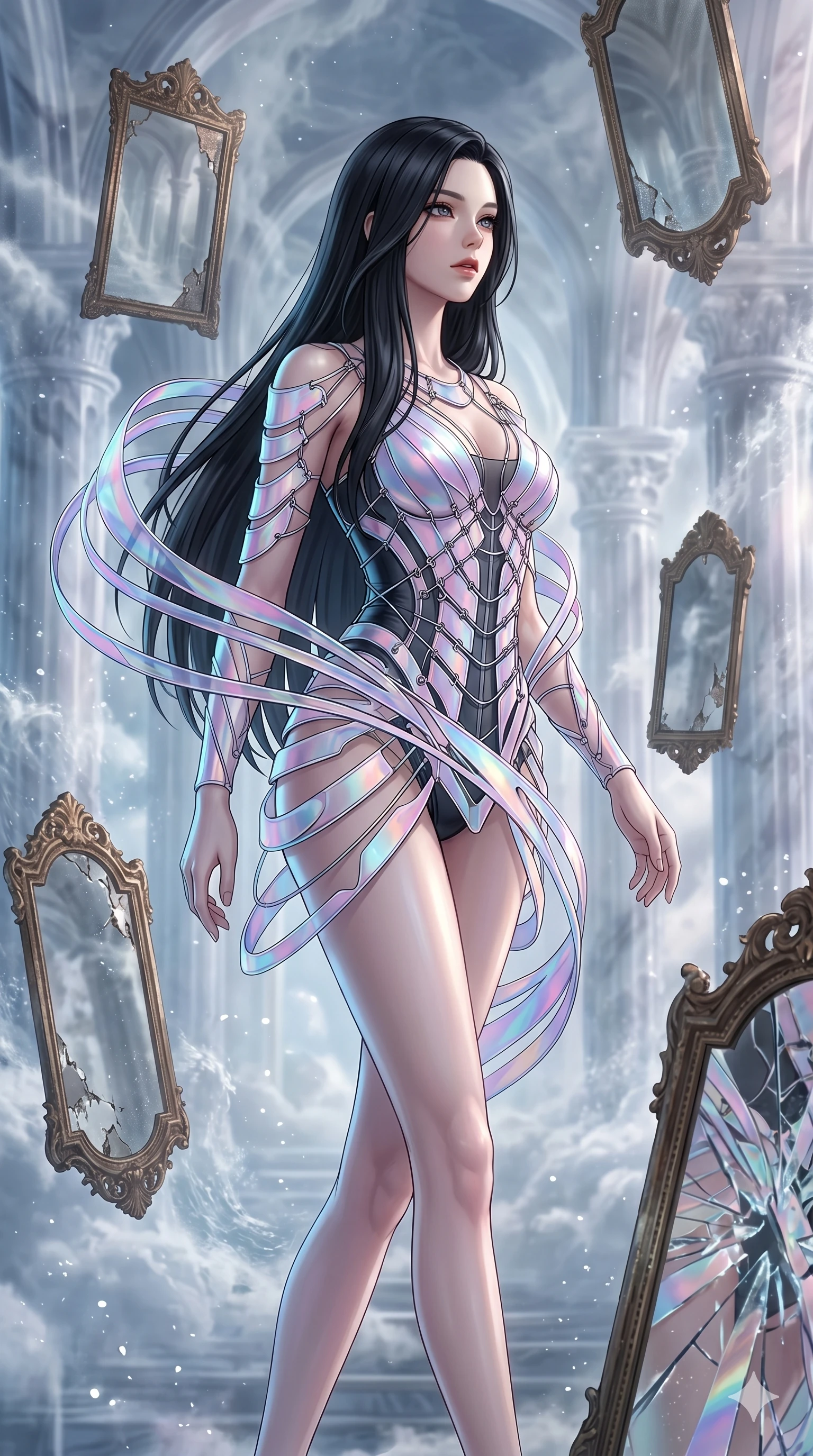 score_9, masterpiece, best quality, ultra-detailed, high-budget anime keyframe, Korean woman. upper body close-up from the thighs up, character filling the screen for maximum presence. wandering through a mirage cloud cathedral of translucent marble and water mist, surrounded by floating ancient bronze mirror walls. She has an absolutely perfect 8-heads proportion, an exceptionally tall and slender female figure with impossibly long slender legs and an ultra-slim waist. V-shaped jawline, high-bridge nose, intricate jewel-like eyes with depth, thick eyelashes, glossy lips with a natural sheen.. wearing a holographic ribbon shell armor, featuring thin iridescent plates linked by wire straps over a sleek structured base layer. lit by a soft glowing ambient light and a sharp side key light that traces the sleek contours of her athletic build. 2k, ultra detail, master piece, 9:16 ratio