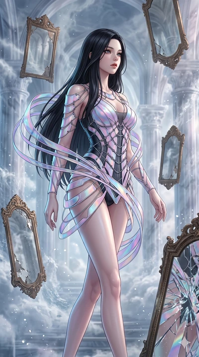 score_9, masterpiece, best quality, ultra-detailed, high-budget anime keyframe, Korean woman. upper body close-up from the thighs up, character filling the screen for maximum presence. wandering through a mirage cloud cathedral of translucent marble 