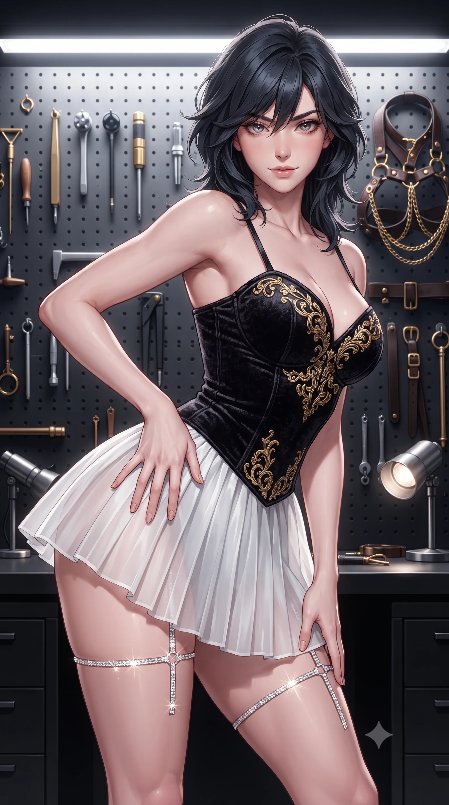score_9, masterpiece, best quality, ultra-detailed, high-budget anime keyframe, editorial fashion photography, tasteful artistic composition, Caucasian woman. close-up cowboy shot from the waist and thighs up, the character dominates the composition, filling the frame with her large presence. leaning forward while arching her lower back to accentuate her curvy hips, looking into the camera with an intoxicating smoldering gaze and bedroom-eyes while standing poised before a wall of backlit precision hardware with hips cocked back, glancing back with an intoxicating, smoldering gaze. The surrounding environment is rendered in vivid detail and crisp panoramic clarity: detailed leather harness stitching, gold waist chain gleam, and professional armory setup in high resolution. She has an exceptionally elegant, slender, and willowy female figure with an ultra-slim waist, flat toned midriff, narrow ribcage, and sculpted feminine hips creating an alluring, slim hourglass silhouette without bulk. sharp v-shaped jawline, high-bridge nose, sparkling eyes with hypnotic seductive depth, thick curled eyelashes, glossy parted lips with a natural dewy peach sheen, alluring bedroom-eyes with an enchanting coquettish smile, exuding magnetic siren charisma and sophisticated glamour, flawlessly proportioned anatomical accuracy, strict slender model proportions, natural body alignment, perfectly sculpted long slender limbs, ultra-slim waistline, clean dynamic posture without body distortion. wearing a structured velvet ballet bodice with gold filigree embroidery paired with an airy knife-pleated organza mini skirt in high-contrast monochrome black and optic white, tailored from ultra-plush velvet with rich tactile depth and deep shadow gradients, finished with delicate crystal-encrusted thigh garter straps glinting under the lights, the form-contouring silhouette accentuating her sculpted flat midriff, narrow delicate ribcage, and gracefully curvy hips with intoxicating allure. illuminated by polished steel tabletop bounce and sharp platinum rim lights defining her razor-sharp jawline, narrow waist, and curvy hips. ultra-reflective glossy finish, specular highlights, rich textural contrasts, high-contrast stereoscopic depth, volumetric dynamic lighting, 2k, ultra detail, master piece, 9:16 ratio