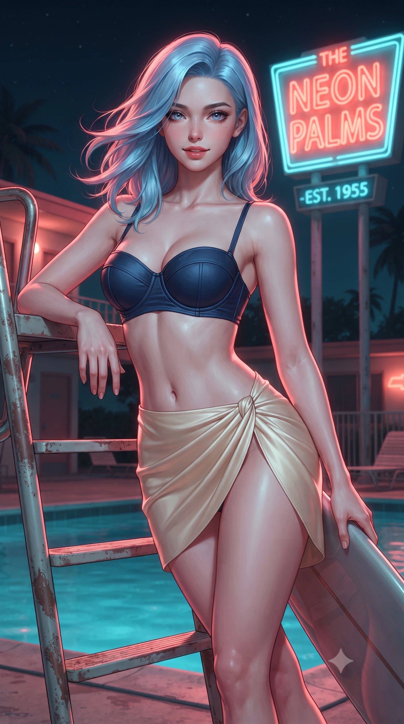 score_9, masterpiece, best quality, ultra-detailed, high-budget anime keyframe, editorial fashion photography, tasteful artistic composition, Korean woman. close-up cowboy shot from the waist and thighs up, the character dominates the composition, filling the frame with her large presence. turning slowly with an enchanting smoldering smile, her glossy hair tossing in the breeze as her hips angle gracefully in a captivating contrapposto while leaning against the vintage motel diving board ladder with arching back, looking into the camera with an alluring, parted-lip smile. The surrounding environment is rendered in vivid detail and crisp panoramic clarity: detailed wet-look swimsuit cling, glossy lip sheen, and mid-century motel architecture in high resolution. She has an exceptionally elegant, slender, and willowy female figure with an ultra-slim waist, flat toned midriff, narrow ribcage, and sculpted feminine hips creating an alluring, slim hourglass silhouette without bulk. sharp v-shaped jawline, high-bridge nose, sparkling eyes with hypnotic seductive depth, thick curled eyelashes, glossy parted lips with a natural dewy peach sheen, alluring bedroom-eyes with an enchanting coquettish smile, exuding magnetic siren charisma and sophisticated glamour, flawlessly proportioned anatomical accuracy, strict slender model proportions, natural body alignment, perfectly sculpted long slender limbs, ultra-slim waistline, clean dynamic posture without body distortion. wearing a structured underwire bikini bustier top paired with an ultra-short draped sarong wrap mini skirt in French Riviera navy blue and warm champagne ivory, crafted from fluid liquid silk satin that clings smoothly to every curve with a dewy sheen, accented with a custom high-gloss tinted surfboard held lightly with one hand, the high-slit wrap tailoring accentuating her ultra-slim waistline and the enchanting curve of her feminine hips with alluring seductive charm. bathed in glowing neon coral-and-cyan light radiating from the vintage roadside motel sign. ultra-reflective glossy finish, specular highlights, rich textural contrasts, high-contrast stereoscopic depth, volumetric dynamic lighting, 2k, ultra detail, master piece, 9:16 ratio