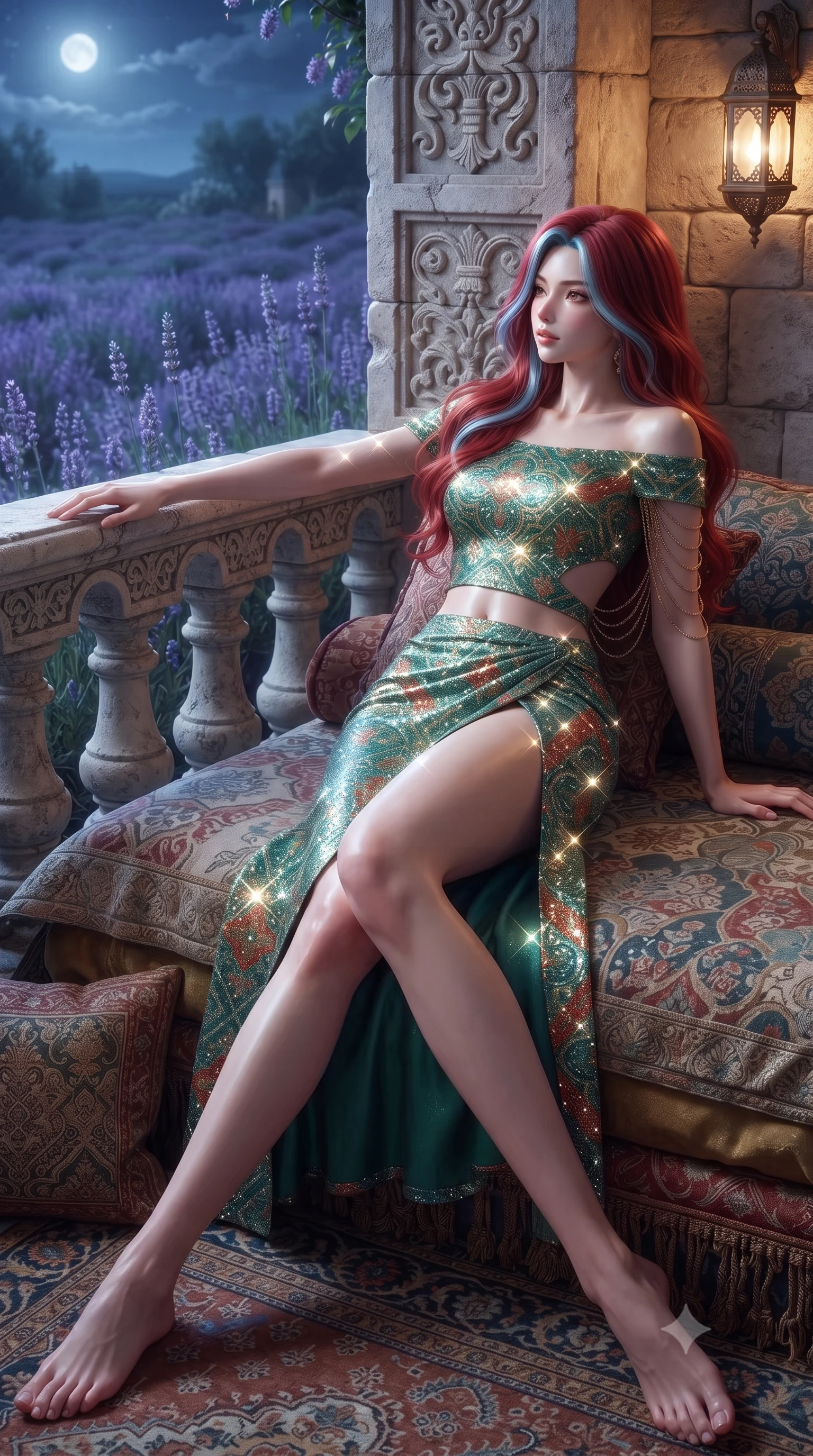 score_9, masterpiece, best quality, ultra-detailed, high-budget anime keyframe, editorial fashion photography, tasteful artistic composition, Caucasian woman. low angle full-body shot from head to toe showing her feet, filling the entire 9:16 vertical frame with her statuesque presence, stretching her vertical silhouette. lounging on the lavish daybed with legs crossed and hips angled toward the camera, displaying her toned midriff and long slender limbs with effortless siren poise while leaning against the carved stone balustrade with hips cocked back, looking out over the fragrant nocturnal plateau with heavy-lidded bedroom-eyes. The surrounding environment is rendered in vivid detail and crisp panoramic clarity: sharp weathered limestone masonry relief, hand-carved stone baluster curves, and individual lavender blossom spikes in deep focus. She has an exceptionally tall and slender model-like 8.5-heads proportion, an ultra-slim waist, a flat toned midriff, narrow delicate ribcage, and beautifully sculpted feminine hips creating a graceful, slim hourglass silhouette without any bulky heaviness, with impossibly long slender legs. sharp v-shaped jawline, high-bridge nose, intricate jewel-like sparkling eyes with depth, thick eyelashes, glossy parted lips with a natural peach sheen, bright cheerful beaming smile with an enchanting and coquettish sensual glint, exuding both youthful cute charm and seductive allure, flawlessly proportioned anatomical accuracy, strict slender model proportions, natural body alignment, perfectly sculpted long slender limbs, ultra-slim waistline, clean dynamic posture without body distortion. wearing a provocative off-the-shoulder crop top with asymmetrical side-torso cutouts and a high-slit wrap skirt in Tanjong Pagar Peranakan jade green and gilded vermilion, woven from stretch metallic lurex jersey casting radiant starlight glints across her curves, accented with an open-back drape framed by falling strands of delicate gold chains, the liquid-tight tailored fabric clinging flawlessly to her narrow waist and rounded feminine hips, emphasizing every millimeter of her sculpted slim hourglass curves without any bulky heaviness. bathed in ethereal silver 4500K moonlight illuminating the lavender valley combined with warm 2400K stone wall lanterns. ultra-reflective glossy finish, specular highlights, rich textural contrasts, high-contrast stereoscopic depth, volumetric dynamic lighting, 2k, ultra detail, master piece, 9:16 ratio