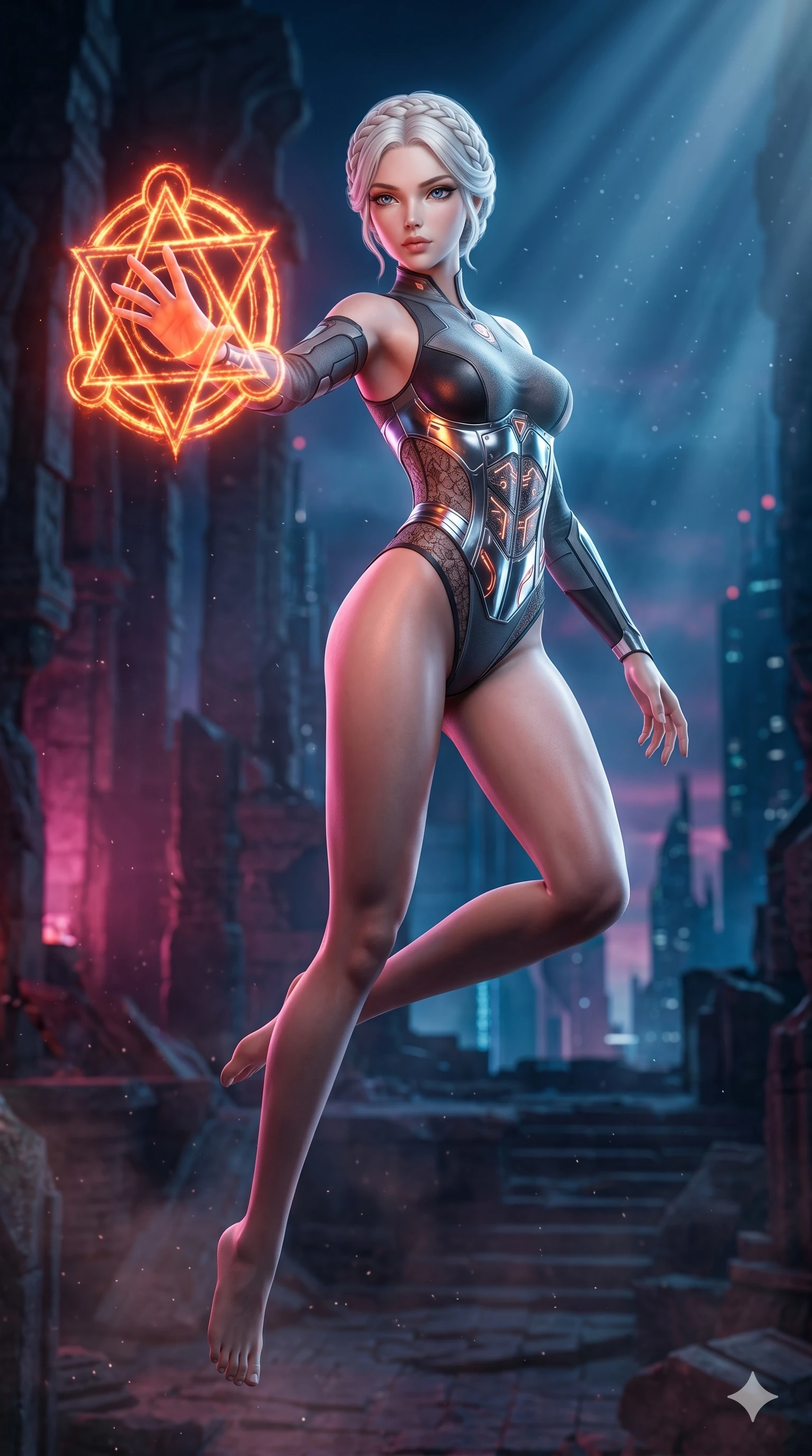 score_9, masterpiece, best quality, ultra-detailed, photorealistic 8k CG, hyper-detailed textures, ray-tracing, Caucasian (strictly human ears) woman. Mid-air action shot capturing a graceful twist and vertical silhouette. drawing an ancient rune in the air that glows with intense heat. She has an absolutely perfect 8-heads proportion, an exceptionally tall and slender female figure with an ultra-slim waist and impossibly long slender legs. strictly human anatomy, two legs only, no extra limbs, clearly defined legs and arms, perfect anatomy, perfect hands and fingers. sharp v-shaped jawline, high-bridge nose, intricate jewel-like eyes, thick eyelashes, glossy lips. Wearing Cyber-Tech Legacy: Asymmetrical high-cut tech-bodysuit with detached sleeves and chrome-plated corset over sheer lace. The scene is illuminated by dramatic atmospheric lighting and vibrant color palettes. , 2k, ultra detail, master piece, 9:16 ratio