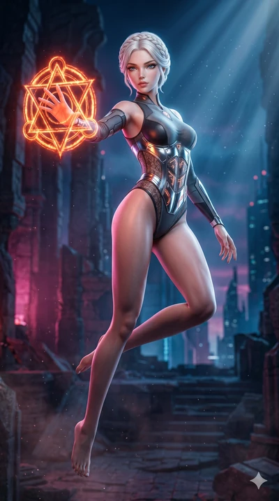 score_9, masterpiece, best quality, ultra-detailed, photorealistic 8k CG, hyper-detailed textures, ray-tracing, Caucasian (strictly human ears) woman. Mid-air action shot capturing a graceful twist and vertical silhouette. drawing an ancient rune in 
